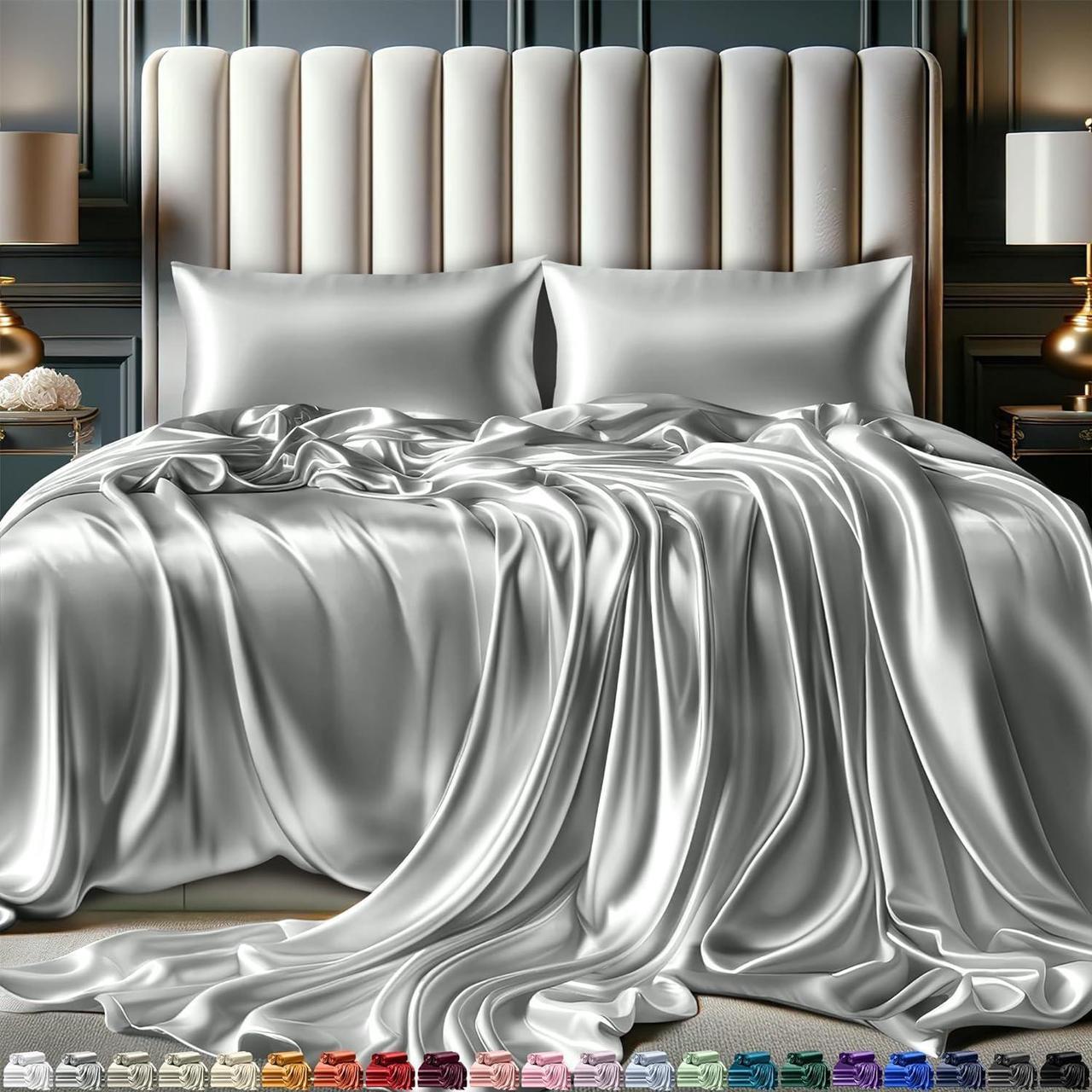 Main image of Satin Sheets Queen Size Set 4 Pcs - Silky & Luxuriously Soft Satin Bed Sheets w/ 15 inch Deep Pocket - Similar to Silk Sheets - Double Stitching - Wrinkle Free (Grey)