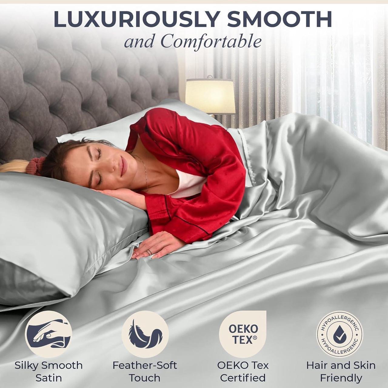 Alt view image 2 of 6 - Satin Sheets Queen Size Set 4 Pcs - Silky & Luxuriously Soft Satin Bed Sheets w/ 15 inch Deep Pocket - Similar to Silk Sheets - Double Stitching - Wrinkle Free (Grey)