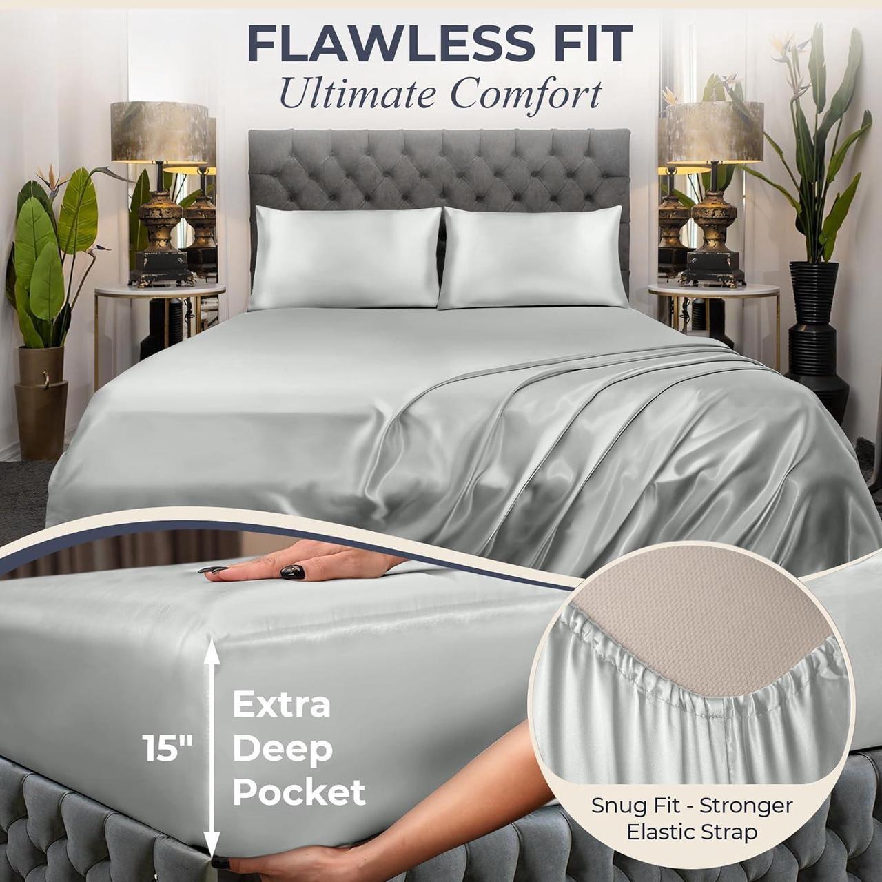 Alt view image 3 of 6 - Satin Sheets Queen Size Set 4 Pcs - Silky & Luxuriously Soft Satin Bed Sheets w/ 15 inch Deep Pocket - Similar to Silk Sheets - Double Stitching - Wrinkle Free (Grey)