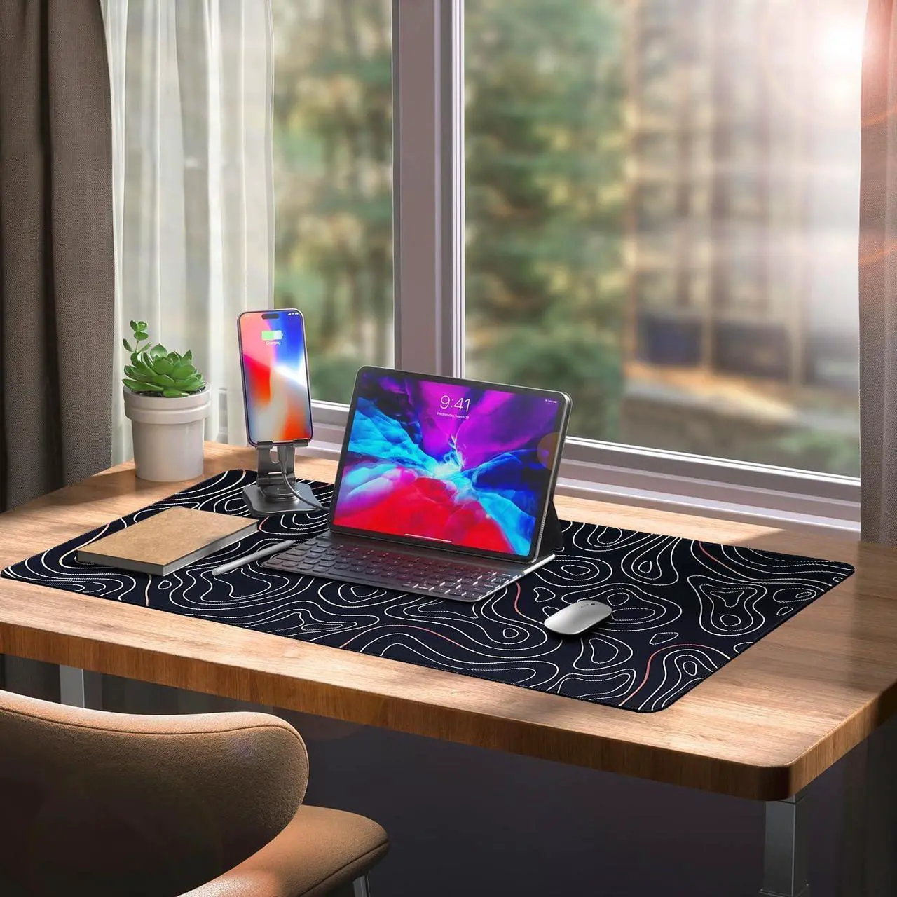 Alt view image 2 of 7 - Large Gaming Mouse Pad with Stitched Edges Minimalist Topographic Map Desk Mat Extended XL Mousepad with Anti-Slip Base Cool Desk Pad for Keyboard and Mouse 35 x 15.5 in