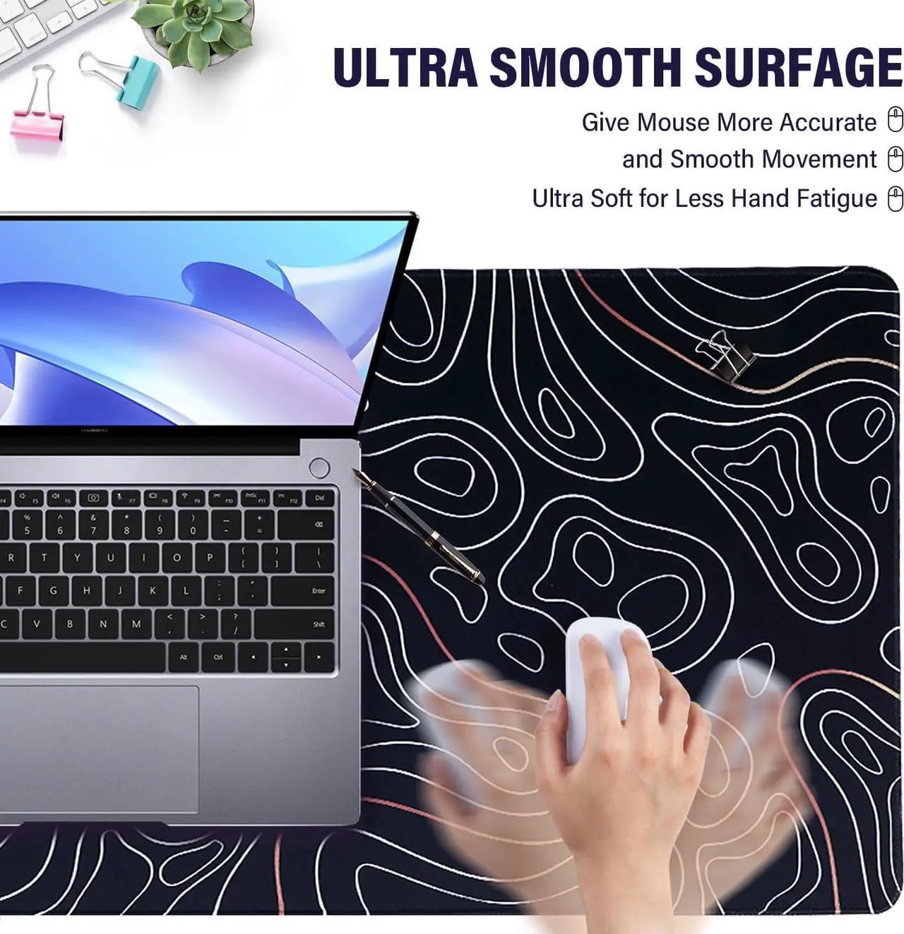 Alt view image 4 of 7 - Large Gaming Mouse Pad with Stitched Edges Minimalist Topographic Map Desk Mat Extended XL Mousepad with Anti-Slip Base Cool Desk Pad for Keyboard and Mouse 35 x 15.5 in