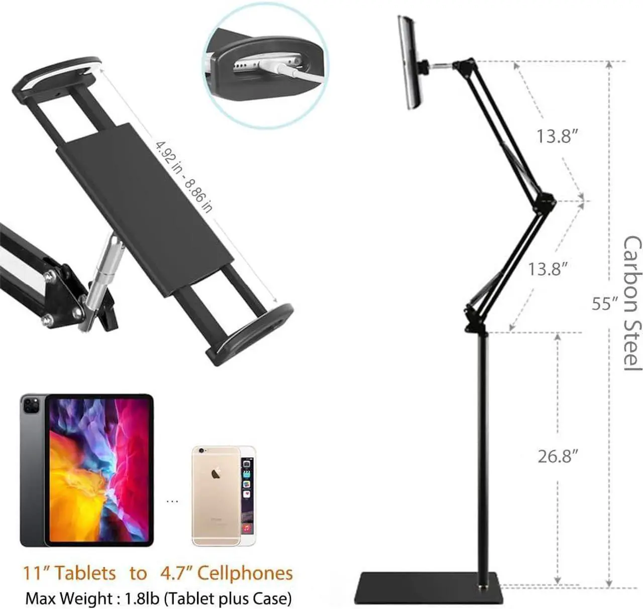 Alt view image 3 of 7 - Tablet Floor Stand, Overhead Bed Phone Stand Angle Height Adjustable Holder, Universal Floor Stand Compatible with iPhone iPad Pro Air Mini, Samsung Tab, Kindle, E-Readers