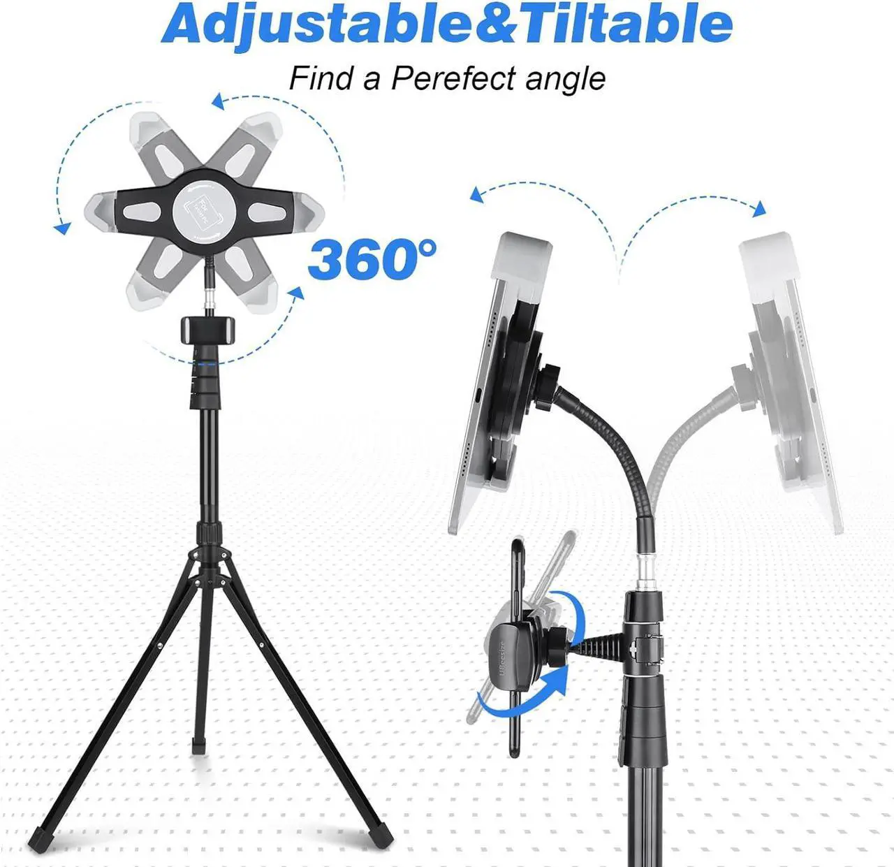 Alt view image 4 of 7 - 67-in iPad Tripod Stand Tablet Floor Stand with 360° Rotating iPad Mount and Phone Holder Compatible with iPad iPad Air iPad Pro and All 9.9-15.7 Inches Tablets