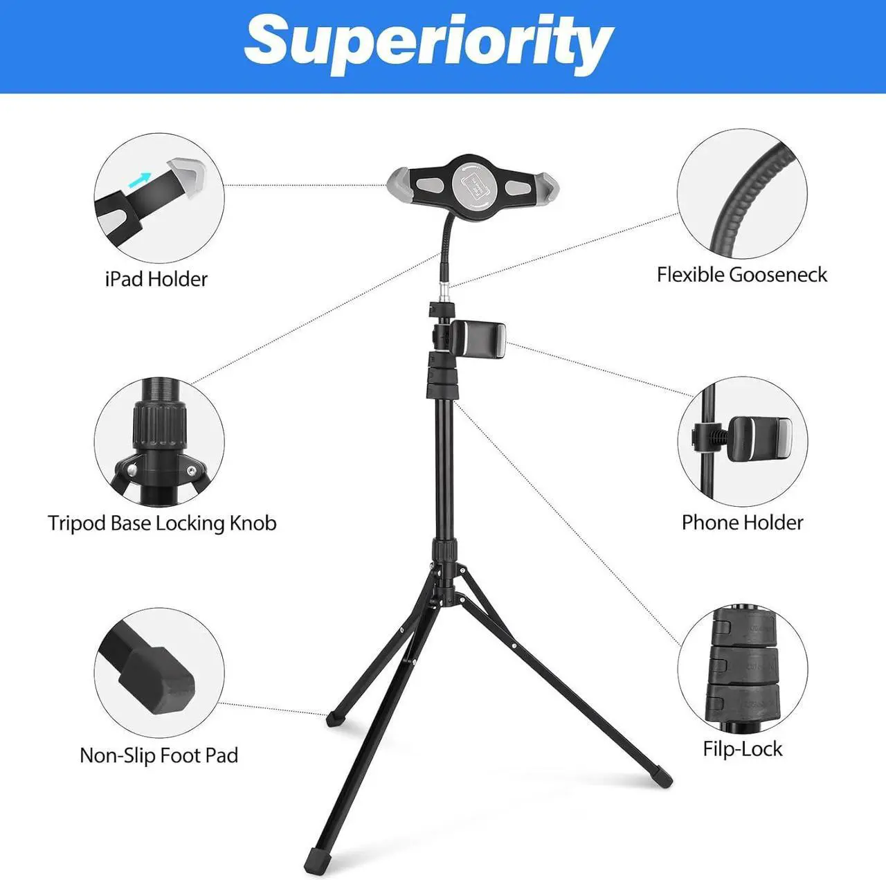 Alt view image 5 of 7 - 67-in iPad Tripod Stand Tablet Floor Stand with 360° Rotating iPad Mount and Phone Holder Compatible with iPad iPad Air iPad Pro and All 9.9-15.7 Inches Tablets
