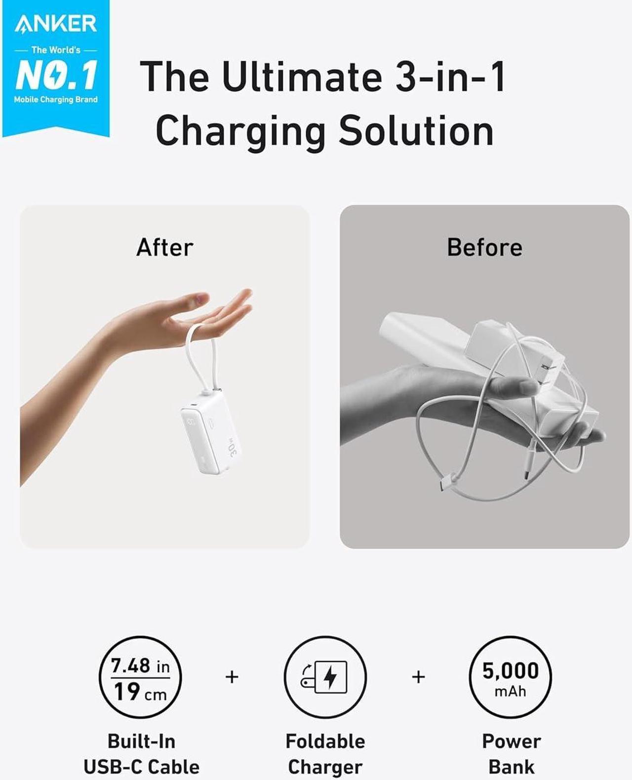 Alt view image 2 of 6 - Power Bank USB C Charger Block 3-in-1 5 000mAh Portable Charger with Built-in USB-C Cable and Foldable AC Plug 30W Max Compact Battery Pack for iPhone 15 Series Galaxy MacBook and More