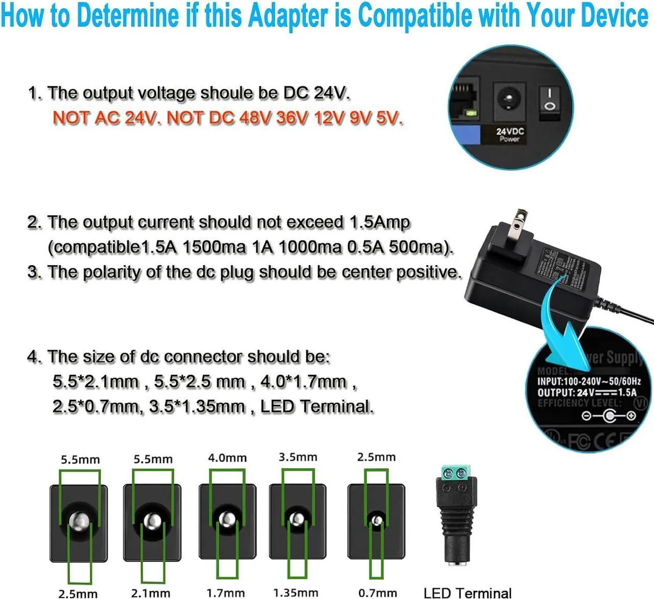Alt view image 3 of 7 - 24V DC Power Supply Cord 24Vdc 1.5A 1A Power Adapter AC 110-240V DC in 24 Volts 1A 0.5A Wall Charger for DC24V Massage Gun LED Strip Light LED Floor Lamp Soundbar Diffuser Humidifier.