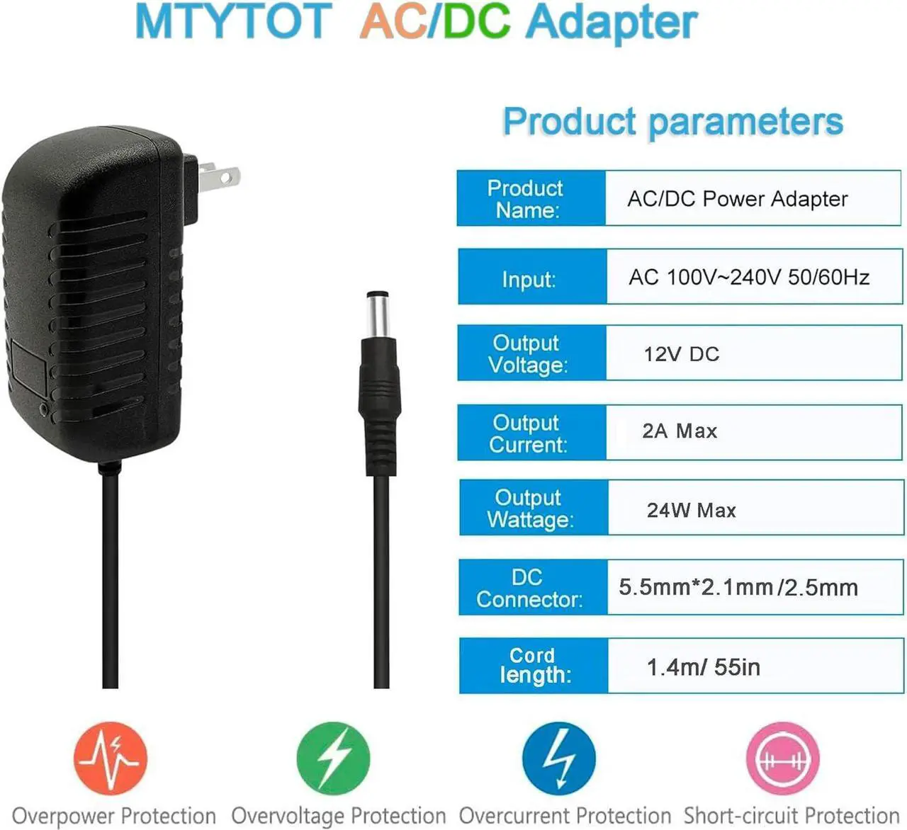 Alt view image 2 of 7 - DC 12Volt 2A Power Supply Adapter 24W AC DC Wall Adapter 100-240V AC to DC 12V 2A 1.5A Power Adapter Converter with 5.5mm x 2.5mm Compatible with 5.5x2.1mm Tip 12V ac/dc Transformer Adapter