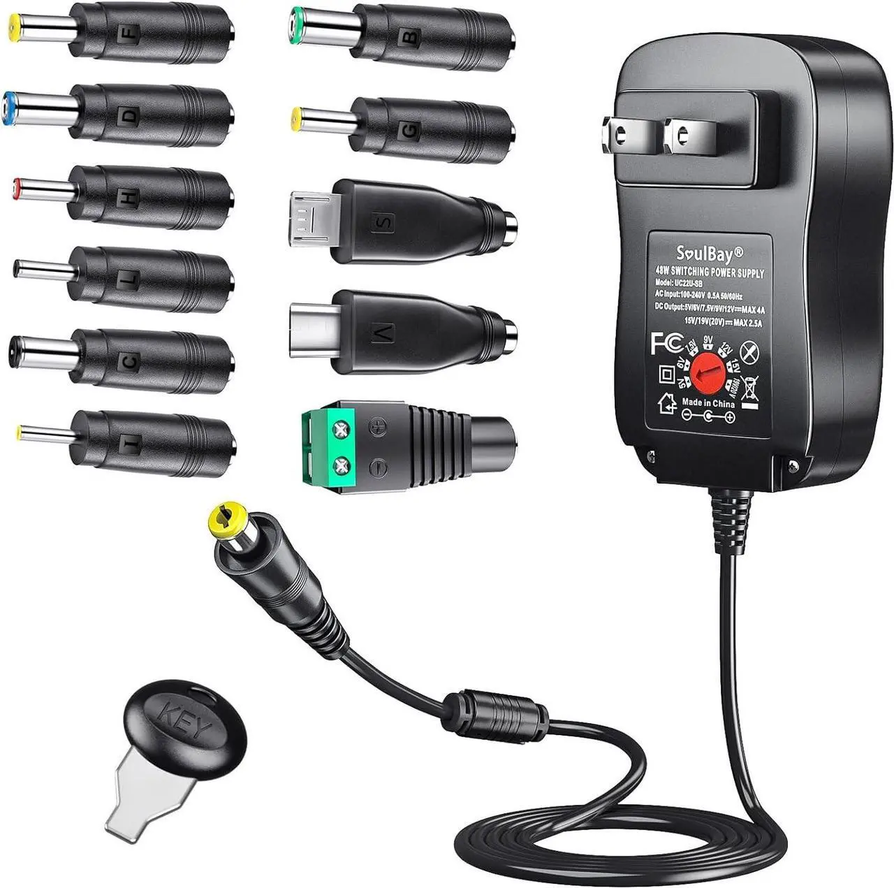 SoulBay 48W Universal AC Adapter DC 5V 6V 7.5V 9V 12V 15V 19V 20V Switching Power Supply 100-240VAC Input US Plug Transformer with 11 Tips for Household Electronics, USB-C & 5.5 * 2.1mm Included