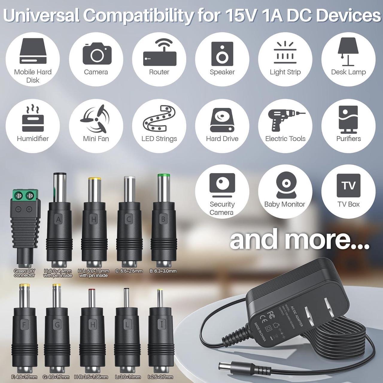 Alt view image 2 of 7 - 15V DC Power Supply DC 15V Power Cord 15V 1A Charger with 10 Interchangeable Jacks Universal Adapter for 100mA 200mA 300mA 400mA 500mA 600mA 700mA 800mA 900mA 1000mA Equipment 15 Volt Power Supply