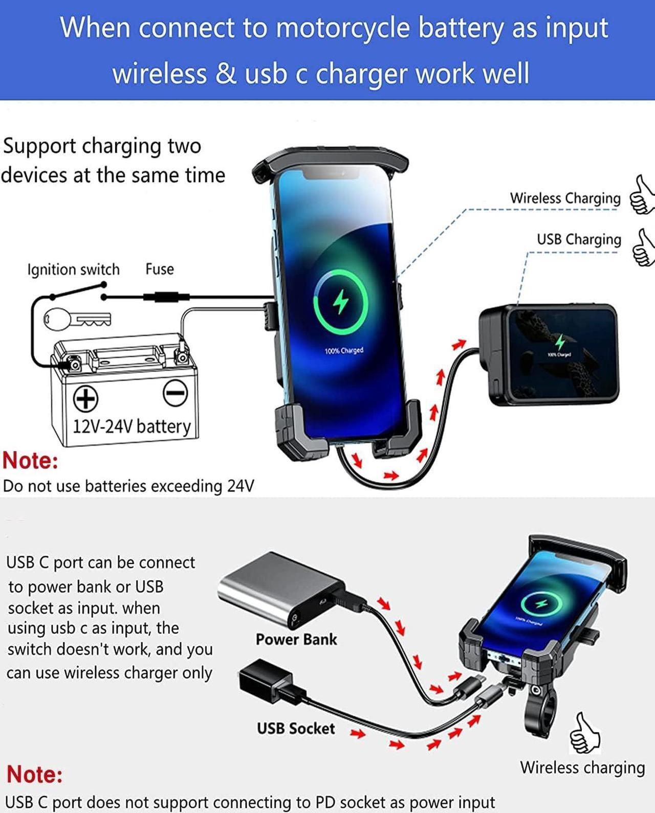 Alt view image 2 of 6 - KEWIG Waterproof Motorcycle Phone Mount Qi 15W Wireless & USB C 20W Fast Chargeing Port Automatically Lock & Quick Release Handlebar Cell Phone Holder for 4-7 Phones