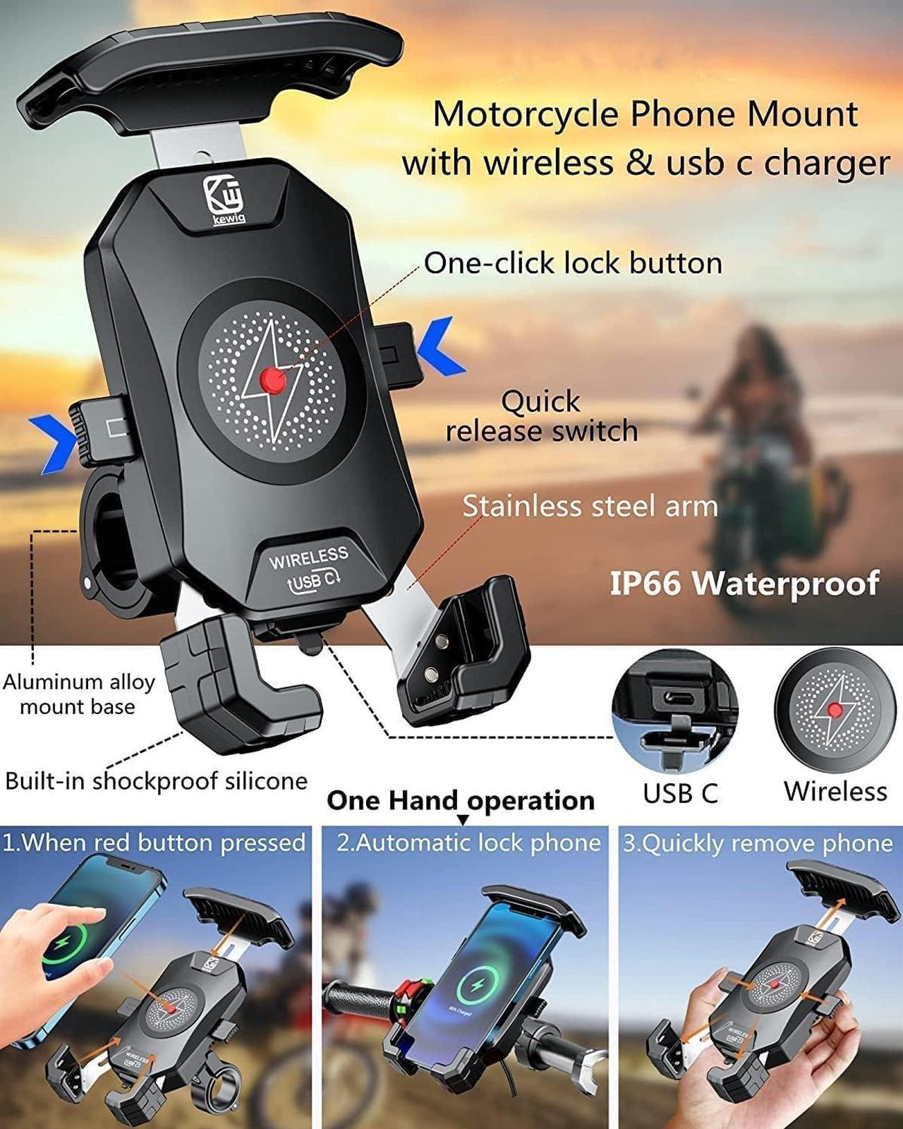 Alt view image 3 of 6 - KEWIG Waterproof Motorcycle Phone Mount Qi 15W Wireless & USB C 20W Fast Chargeing Port Automatically Lock & Quick Release Handlebar Cell Phone Holder for 4-7 Phones
