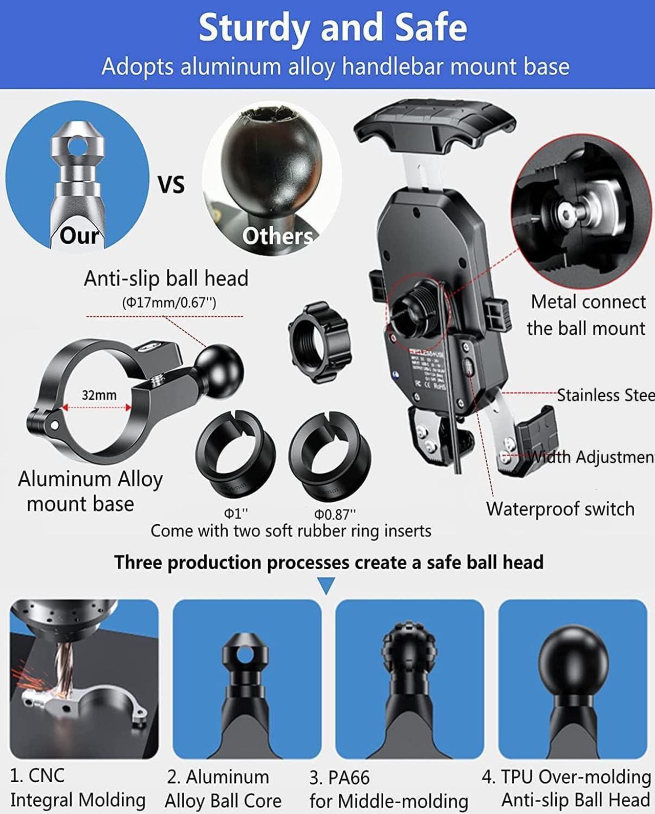 Alt view image 4 of 6 - KEWIG Waterproof Motorcycle Phone Mount Qi 15W Wireless & USB C 20W Fast Chargeing Port Automatically Lock & Quick Release Handlebar Cell Phone Holder for 4-7 Phones