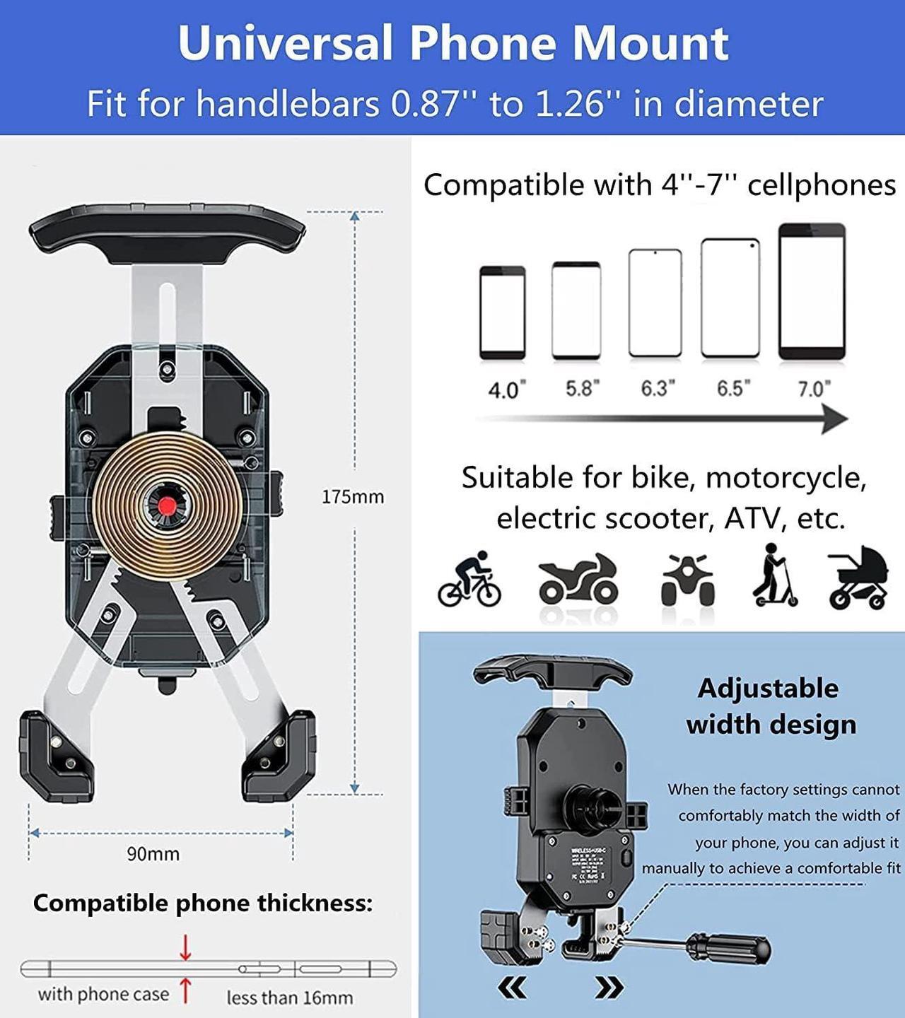 Alt view image 6 of 6 - KEWIG Waterproof Motorcycle Phone Mount Qi 15W Wireless & USB C 20W Fast Chargeing Port Automatically Lock & Quick Release Handlebar Cell Phone Holder for 4-7 Phones