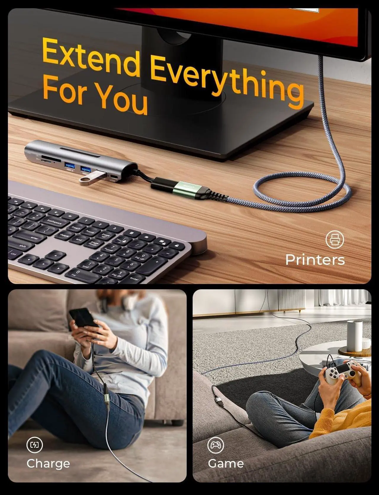 Alt view image 5 of 7 - 10FT USB Extension Cable USB Extender USB 3.0 Extension Cable Male to Female Cord High Data Transfer Compatible with Webcam USB Keyboard Flash Drive Hard Drive Printer
