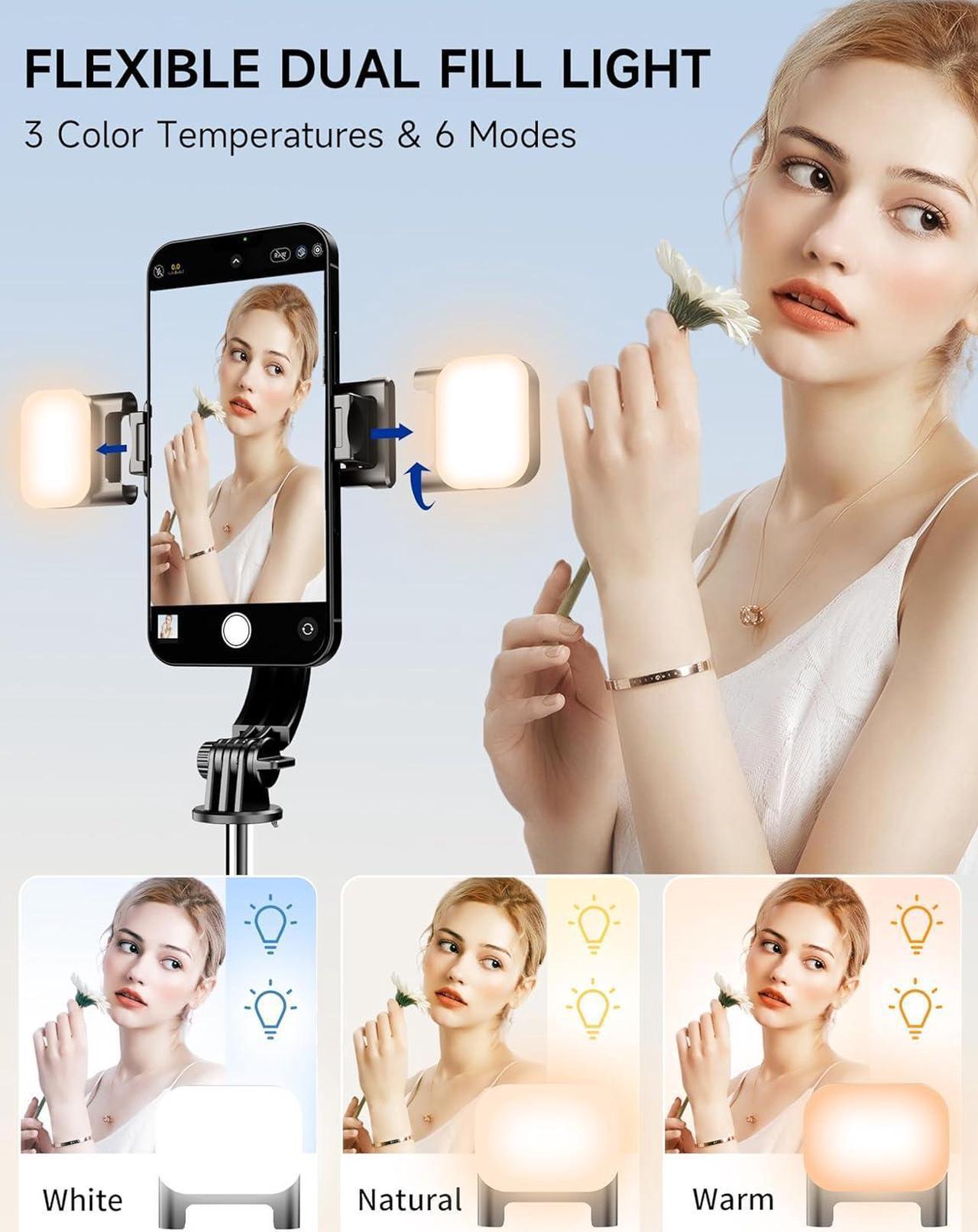Alt view image 2 of 7 - 45" Selfie Stick Tripod with 2 Lights, Extendable 5 in 1 Selfie Stick Phone Tripod, Portable Selfie Sticks with Wireless Remote Compatible with iPhone 15/14/13 Pro Max, Samsung, Android, Gopro