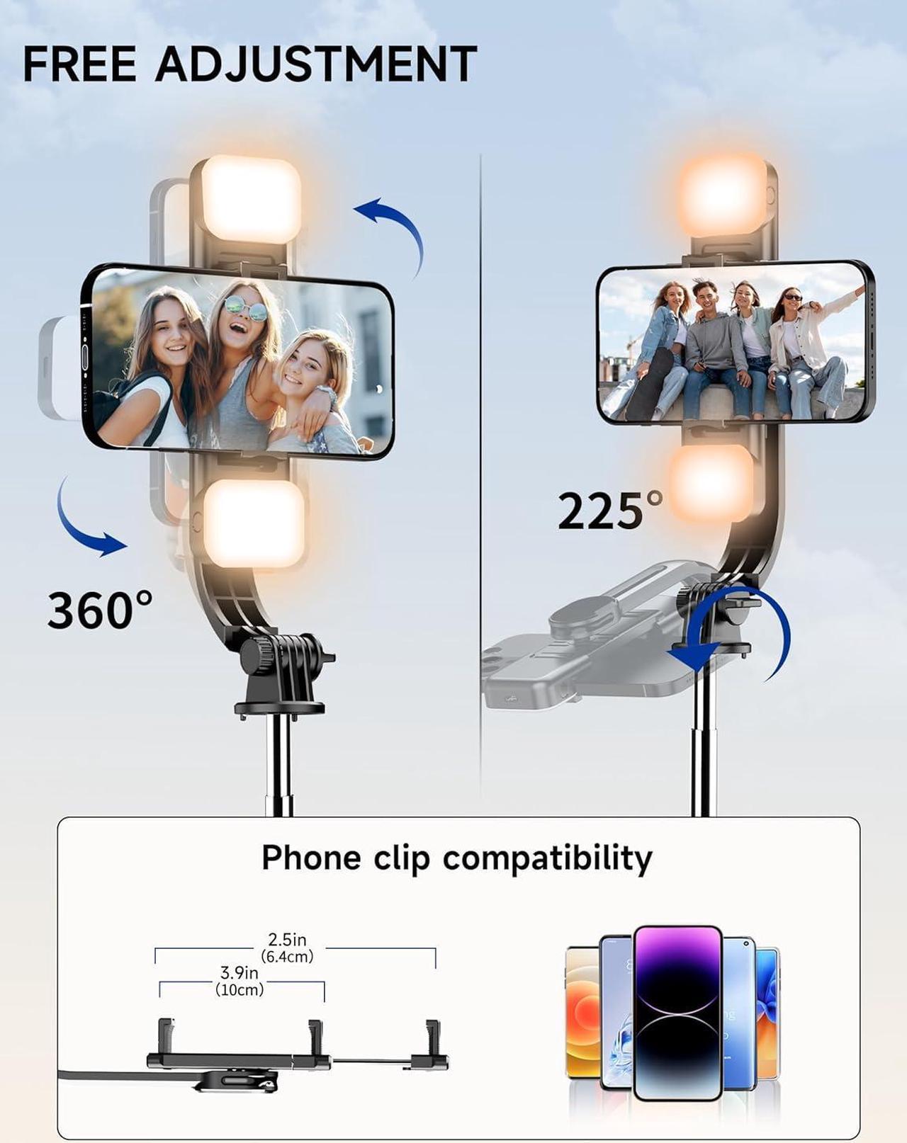 Alt view image 6 of 7 - 45" Selfie Stick Tripod with 2 Lights, Extendable 5 in 1 Selfie Stick Phone Tripod, Portable Selfie Sticks with Wireless Remote Compatible with iPhone 15/14/13 Pro Max, Samsung, Android, Gopro