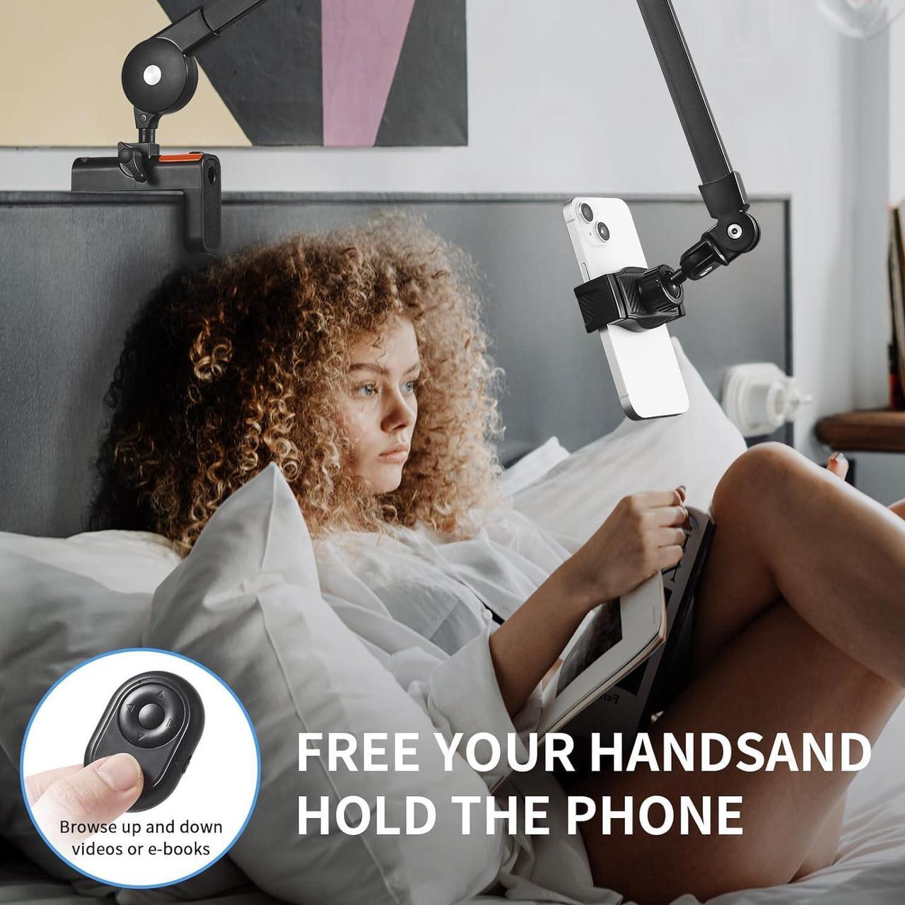 Alt view image 2 of 7 - Phone Holder for Desk Bed Overhead Phone Mount with Wireless Remote Flexible Phone Stand Lazy Bracket Mount Long Arms Clamp Clip for iPhone  Google Pixel Moto