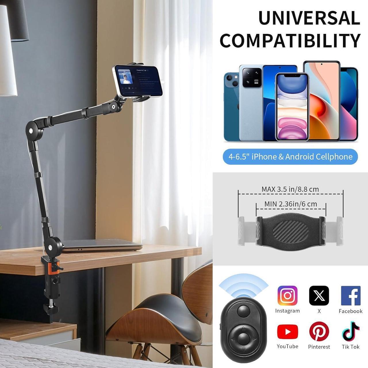 Alt view image 6 of 7 - Phone Holder for Desk Bed Overhead Phone Mount with Wireless Remote Flexible Phone Stand Lazy Bracket Mount Long Arms Clamp Clip for iPhone  Google Pixel Moto