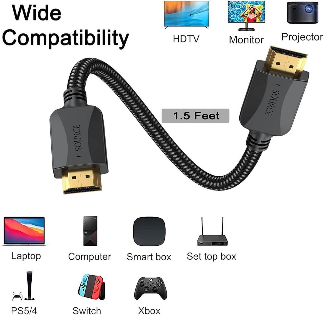 Alt view image 2 of 7 - Short HDMI Cables 1 Ft 5-Pack Thin 4K HDMI Cables Braided- High Speed HDMI 2.0 Cable Male to Male Flexible with Ethernet 4K@60hz HDR 3D ARC & CL3 Rated