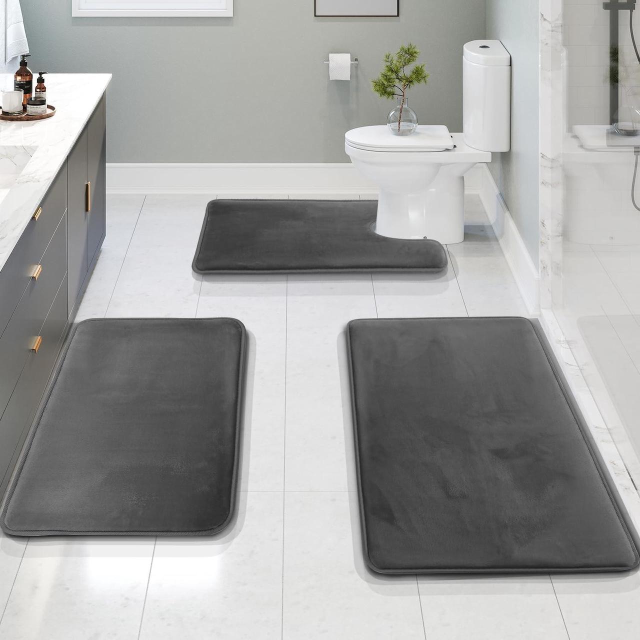 Main image of 3 Piece Bathroom Rugs Bath Mat Set Velvet Memory Foam Bath Mats for Bathroom - Non-Slip PVC Backing Bath Rugs Washable Bathroom Rug Mats - Dries Quickly Grey Bathroom Rug Set