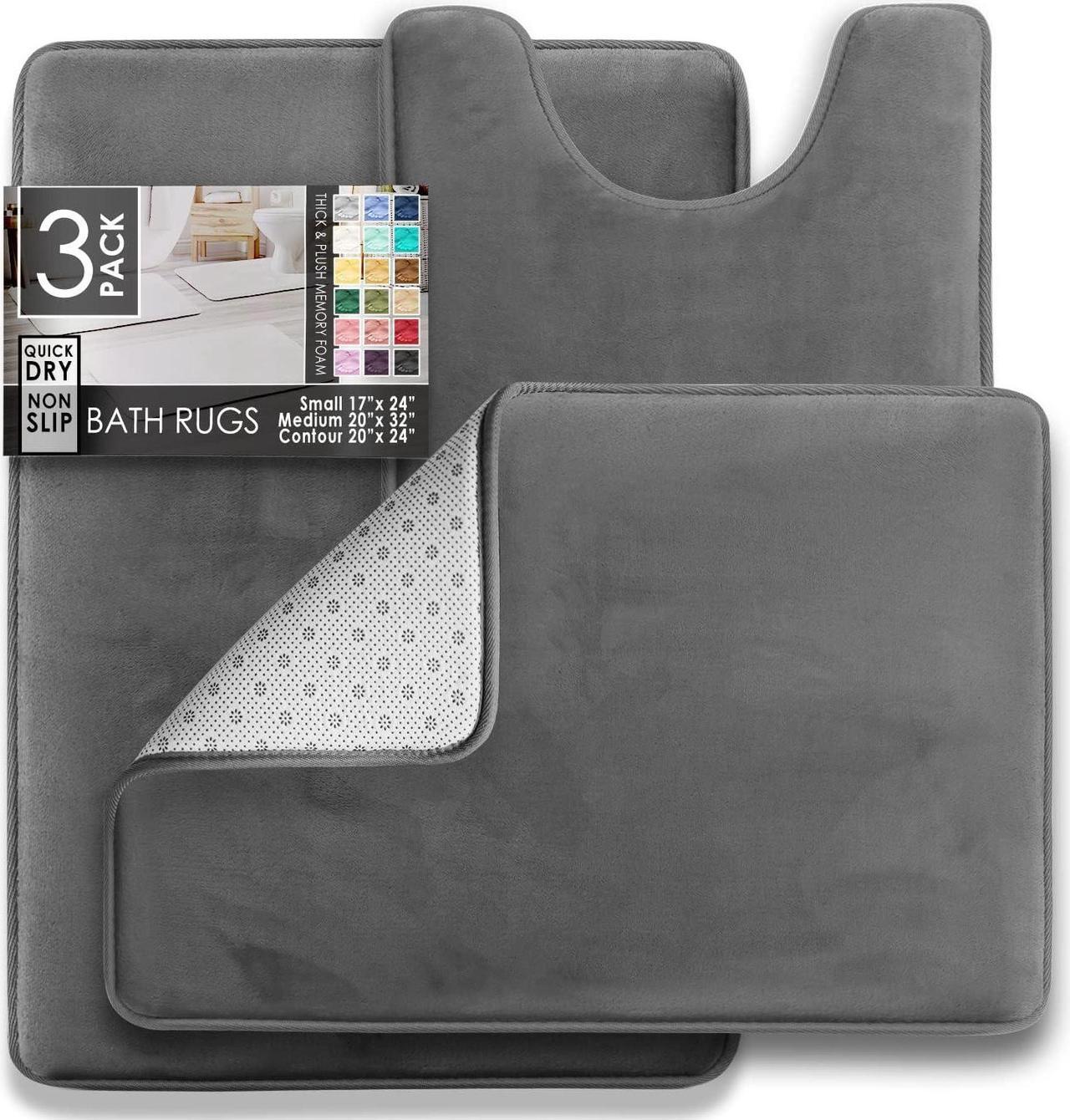 Alt view image 2 of 7 - 3 Piece Bathroom Rugs Bath Mat Set Velvet Memory Foam Bath Mats for Bathroom - Non-Slip PVC Backing Bath Rugs Washable Bathroom Rug Mats - Dries Quickly Grey Bathroom Rug Set