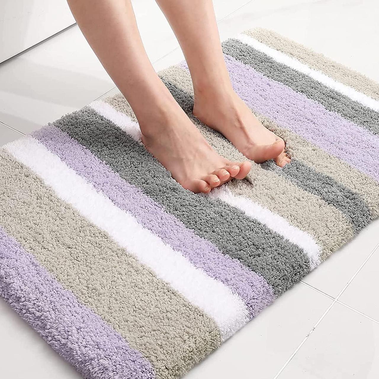Main image of Microfiber Striped Bathroom Rugs Bath Mat Extra Thick Soft and Shaggy Absorbent Machine Washable Anti-Slip Bath Rugs for Bathroom Tub and Shower 24x16 Purple-Grey