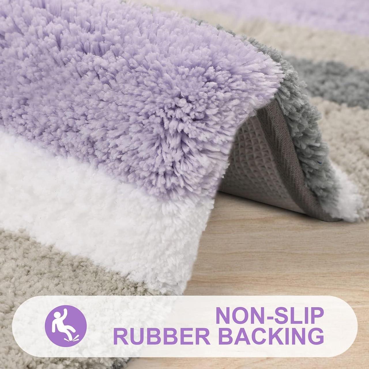 Alt view image 4 of 6 - Microfiber Striped Bathroom Rugs Bath Mat Extra Thick Soft and Shaggy Absorbent Machine Washable Anti-Slip Bath Rugs for Bathroom Tub and Shower 24x16 Purple-Grey