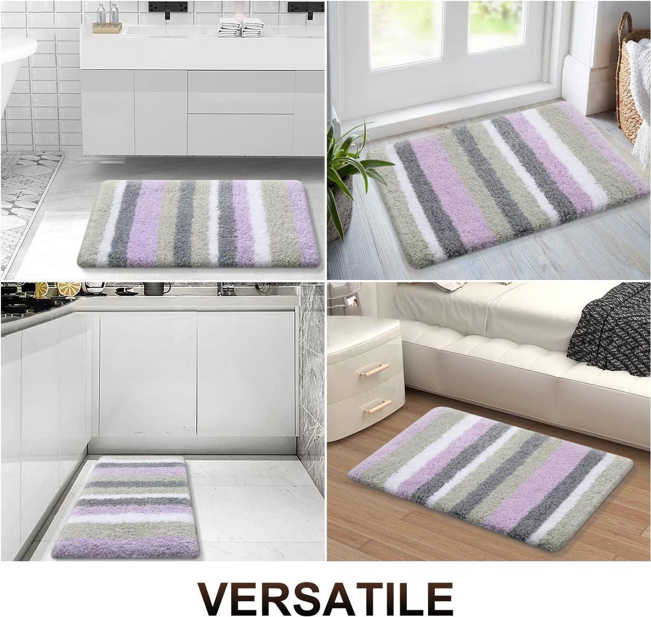 Alt view image 6 of 6 - Microfiber Striped Bathroom Rugs Bath Mat Extra Thick Soft and Shaggy Absorbent Machine Washable Anti-Slip Bath Rugs for Bathroom Tub and Shower 24x16 Purple-Grey