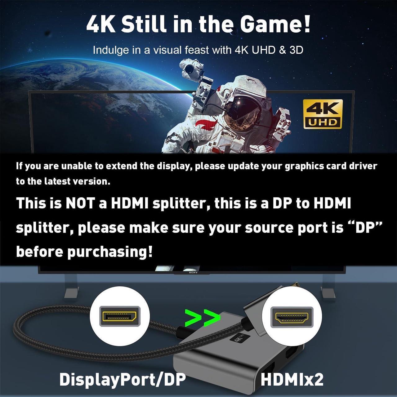 Alt view image 3 of 7 - DisplayPort to Dual HDMI Adapter | 4K 60Hz DP to HDMI Splitter Extended Display Adapter for Dual Monitors Display Port to 2 HDMI Converter for  NVIDIA AMD  HP