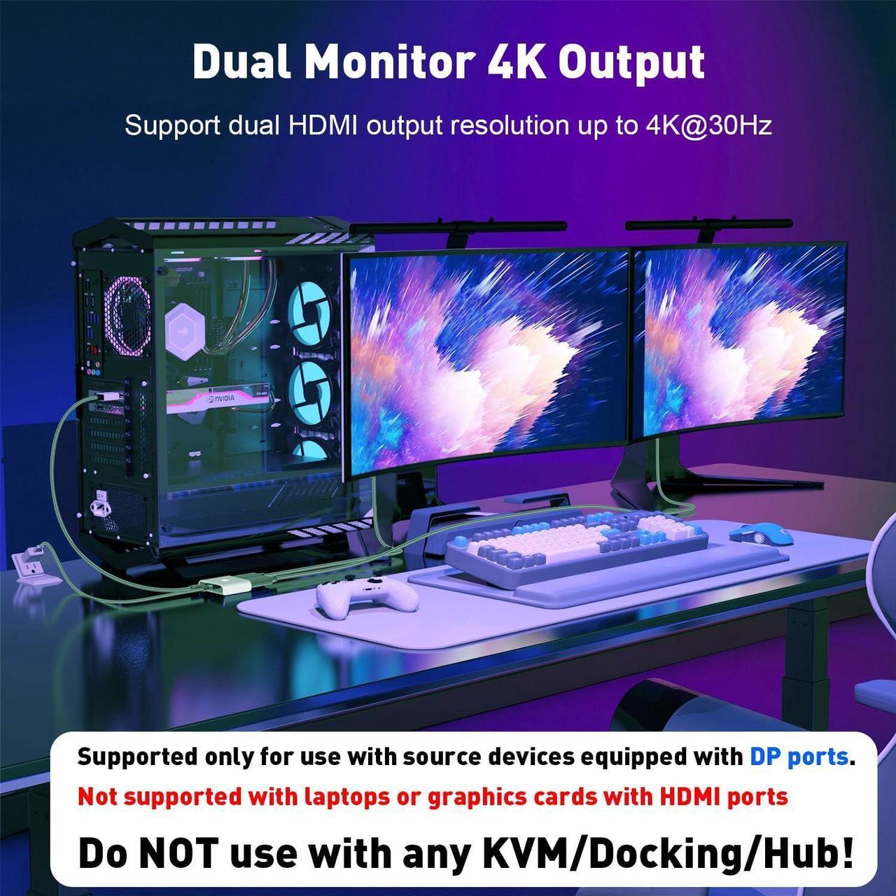 Alt view image 4 of 7 - DisplayPort to Dual HDMI Adapter | 4K 60Hz DP to HDMI Splitter Extended Display Adapter for Dual Monitors Display Port to 2 HDMI Converter for  NVIDIA AMD  HP