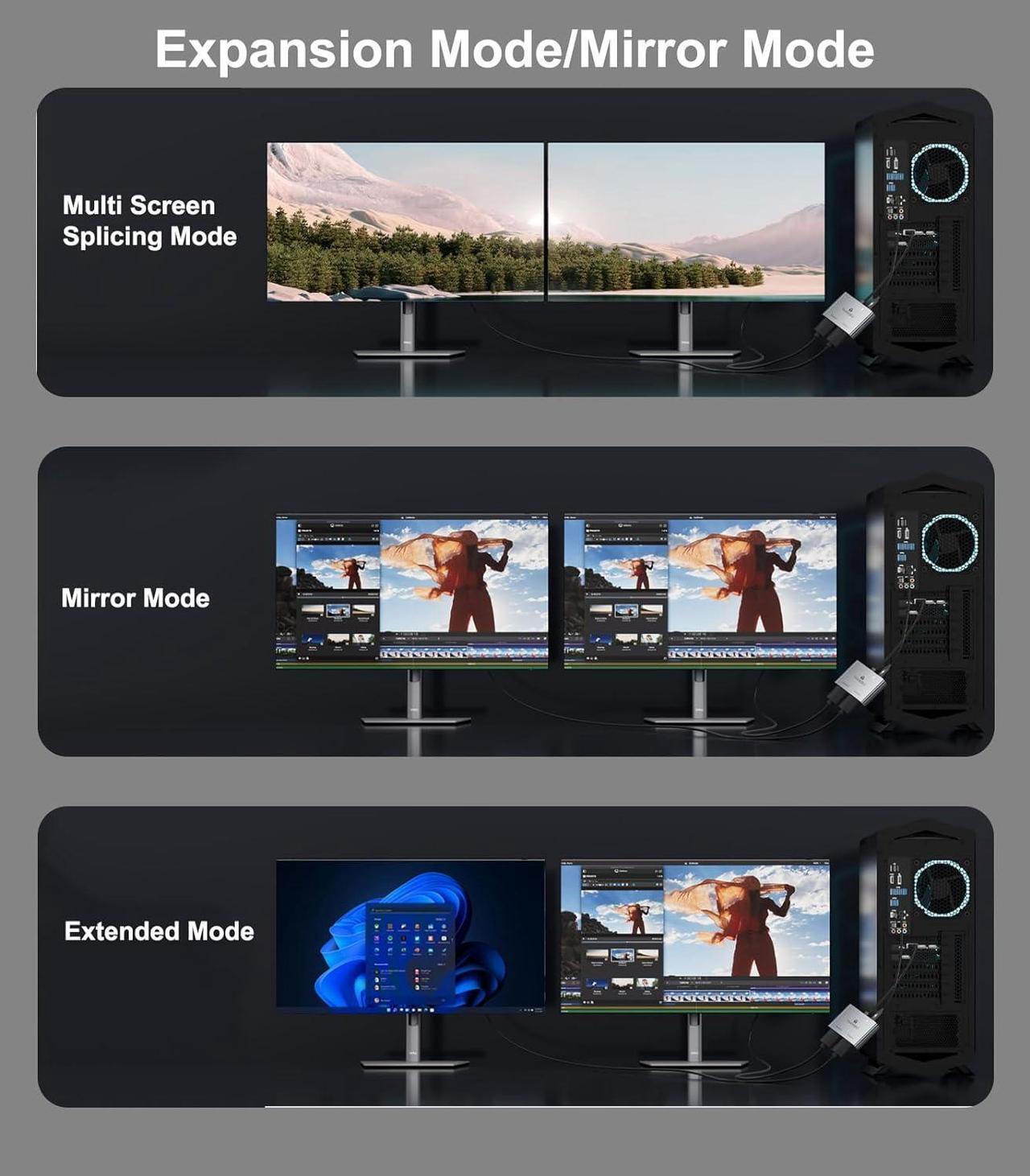Alt view image 5 of 7 - DisplayPort to Dual HDMI Adapter (4K@60Hz) DP to HDMI Splitter for Dual Monitors Extended Display MST Display Port to HDMI 1 in 2 Out Hub for PC Graphics Card