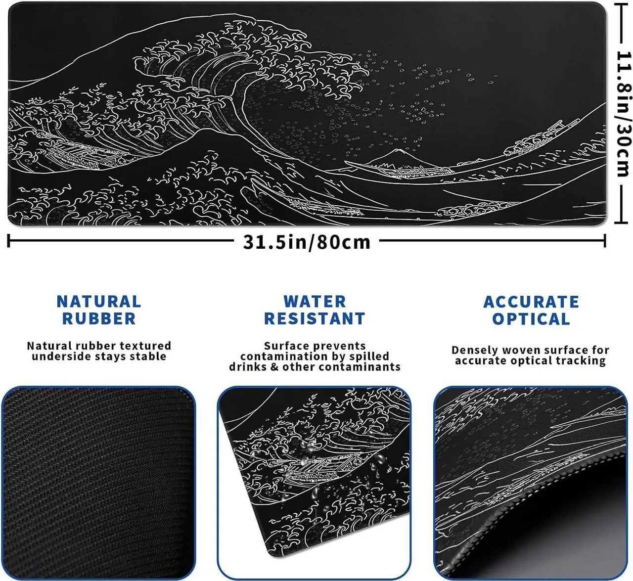 Alt view image 2 of 7 - Japanese Gaming Mouse Pad Abstract Black Mouse Pad 31.5x11.8 Inch Black Sea Wave Texture Non-Slip Rubber Base Large Ocean Mousepad Stitched Edges Keyboard Mouse Mat Desk Pad for Office and Home