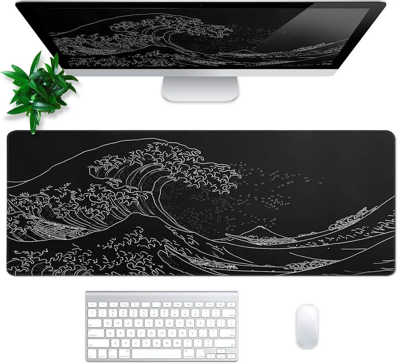 Alt view image 3 of 7 - Japanese Gaming Mouse Pad Abstract Black Mouse Pad 31.5x11.8 Inch Black Sea Wave Texture Non-Slip Rubber Base Large Ocean Mousepad Stitched Edges Keyboard Mouse Mat Desk Pad for Office and Home