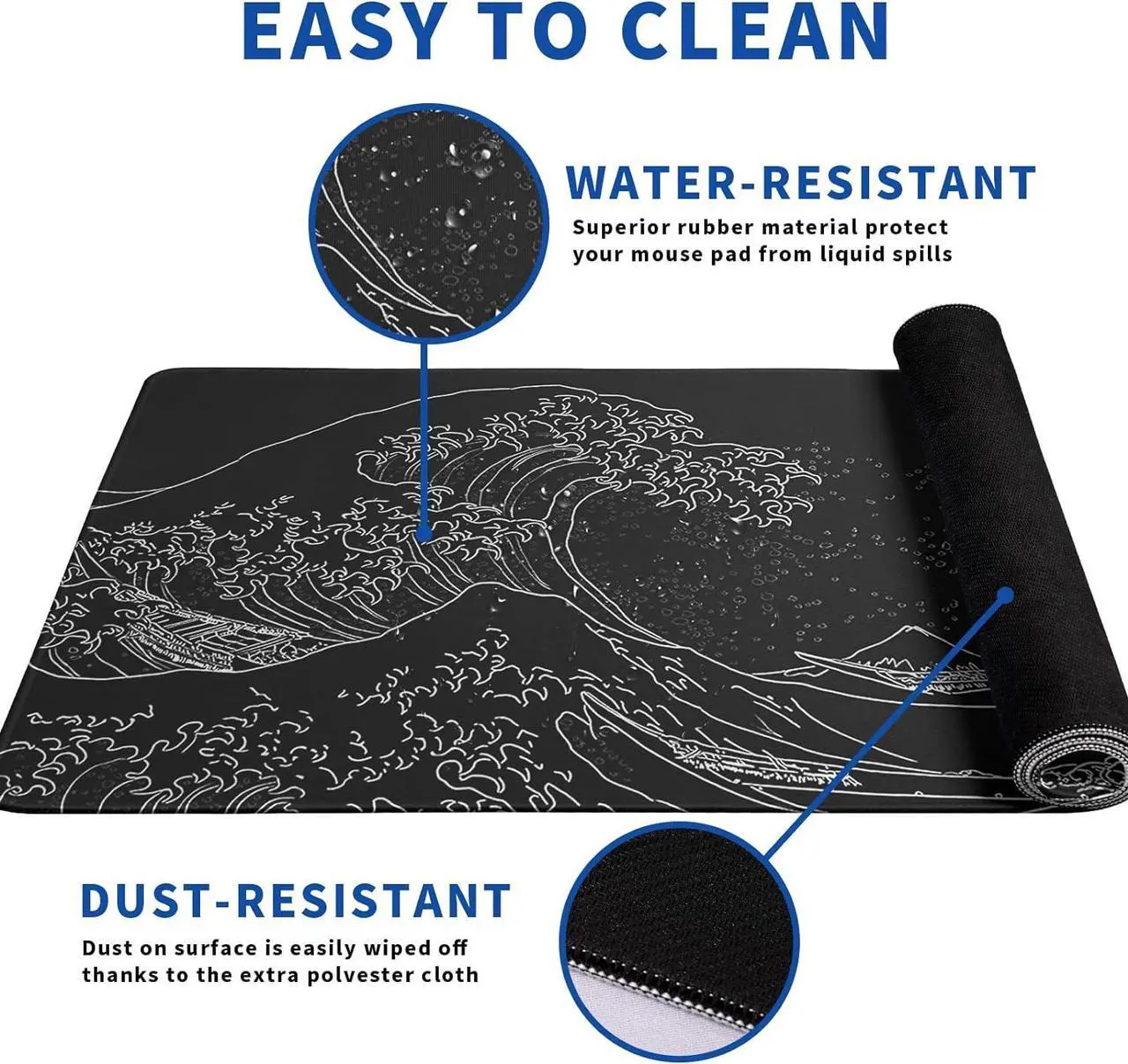 Alt view image 4 of 7 - Japanese Gaming Mouse Pad Abstract Black Mouse Pad 31.5x11.8 Inch Black Sea Wave Texture Non-Slip Rubber Base Large Ocean Mousepad Stitched Edges Keyboard Mouse Mat Desk Pad for Office and Home