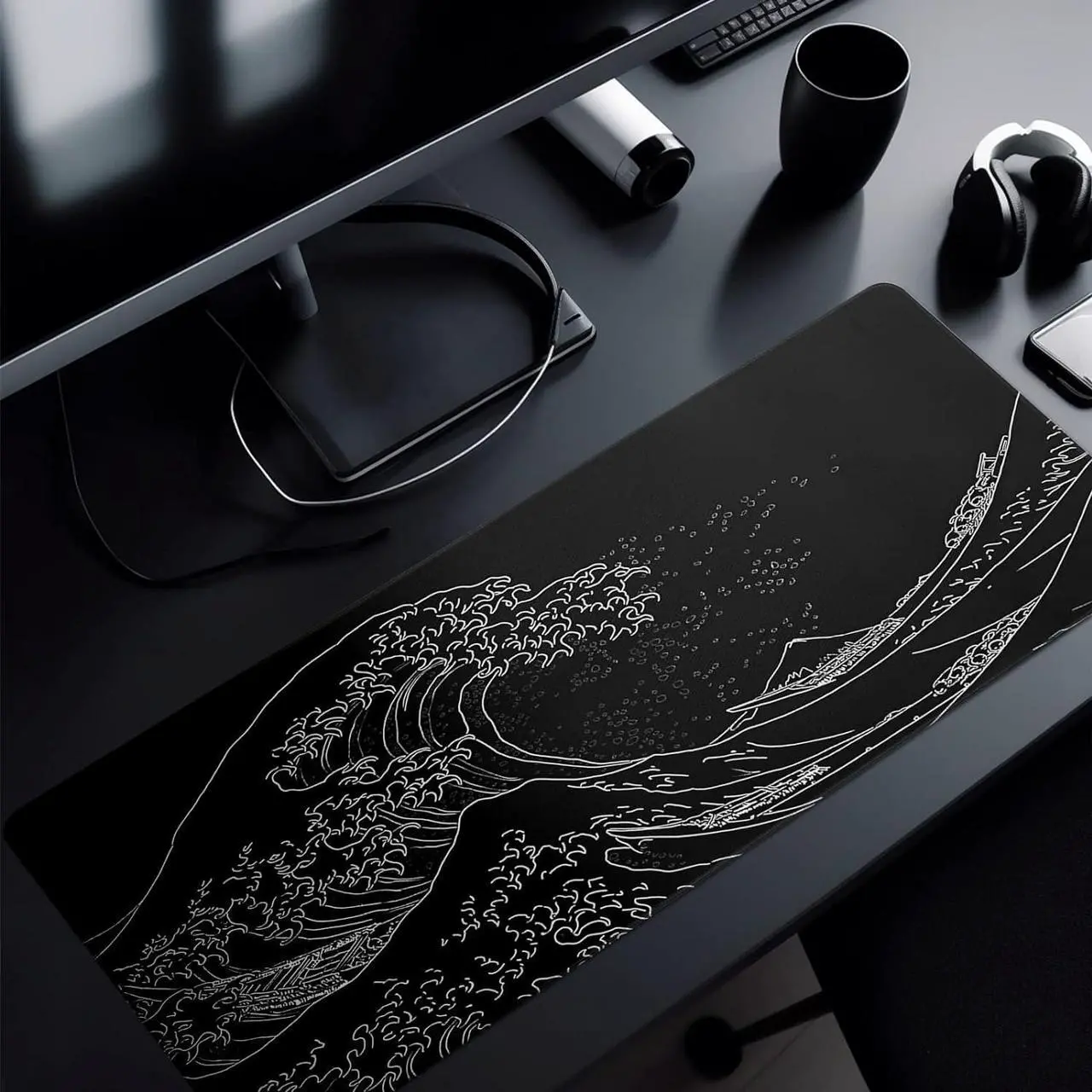 Alt view image 6 of 7 - Japanese Gaming Mouse Pad Abstract Black Mouse Pad 31.5x11.8 Inch Black Sea Wave Texture Non-Slip Rubber Base Large Ocean Mousepad Stitched Edges Keyboard Mouse Mat Desk Pad for Office and Home