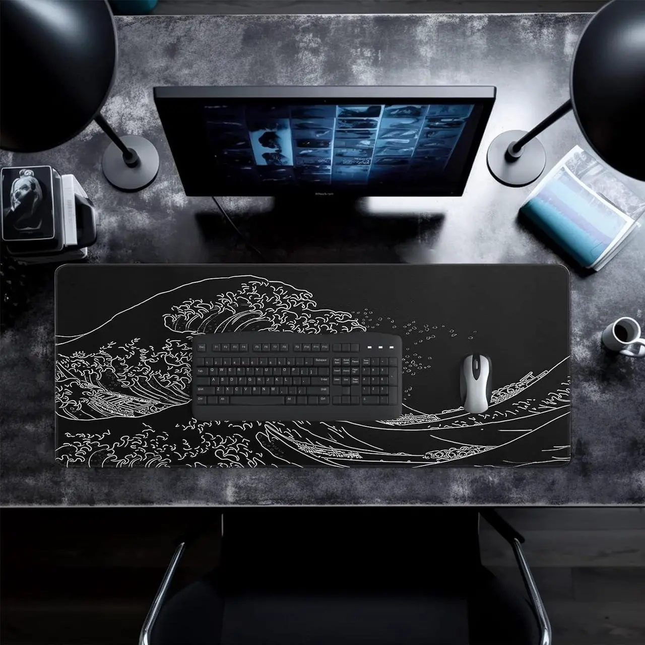 Alt view image 7 of 7 - Japanese Gaming Mouse Pad Abstract Black Mouse Pad 31.5x11.8 Inch Black Sea Wave Texture Non-Slip Rubber Base Large Ocean Mousepad Stitched Edges Keyboard Mouse Mat Desk Pad for Office and Home