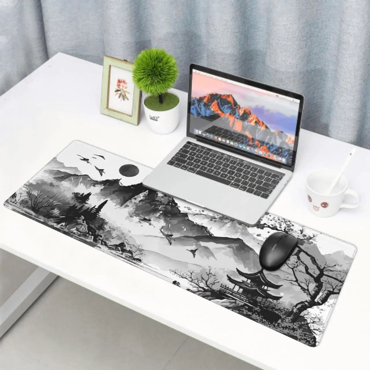 Alt view image 2 of 7 - Black White Japanese Watercolor Cherry Blossom Gaming Mouse Pad 31.5x11.8 XL Extended Mousepad Large Keyboard Mouse Mat Desk Pad with Non-Slip Rubber Base Stitched Edges for Home Office Game