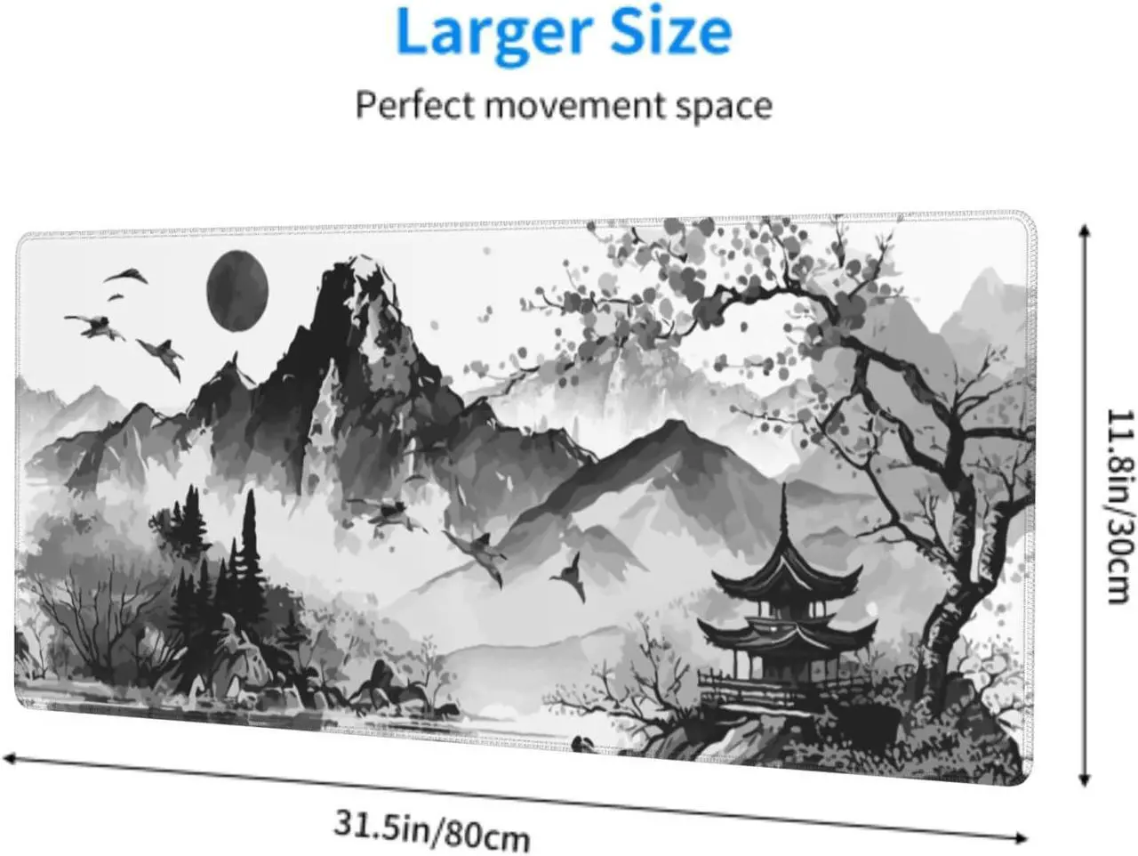 Alt view image 3 of 7 - Black White Japanese Watercolor Cherry Blossom Gaming Mouse Pad 31.5x11.8 XL Extended Mousepad Large Keyboard Mouse Mat Desk Pad with Non-Slip Rubber Base Stitched Edges for Home Office Game
