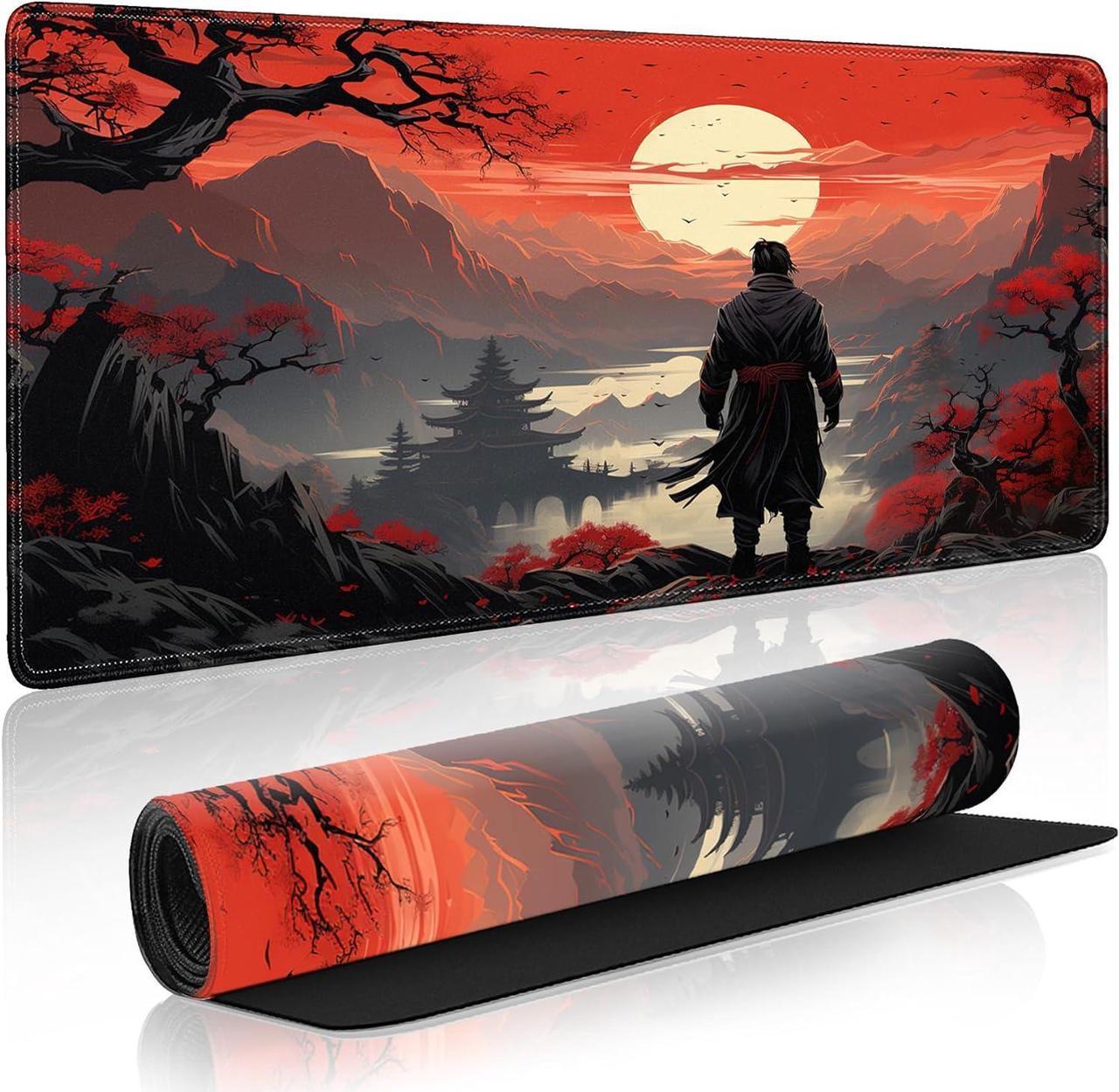 Japanese Samurai Gaming Mouse Pad Anime Mouse Pad Gaming 31.5 x 15.7 in Mouse Mat Desk Pad Large Desk Mat Extended Keyboard Pad Mousepad with Non-Slip Base and Stitched Edge for Office Home Gaming