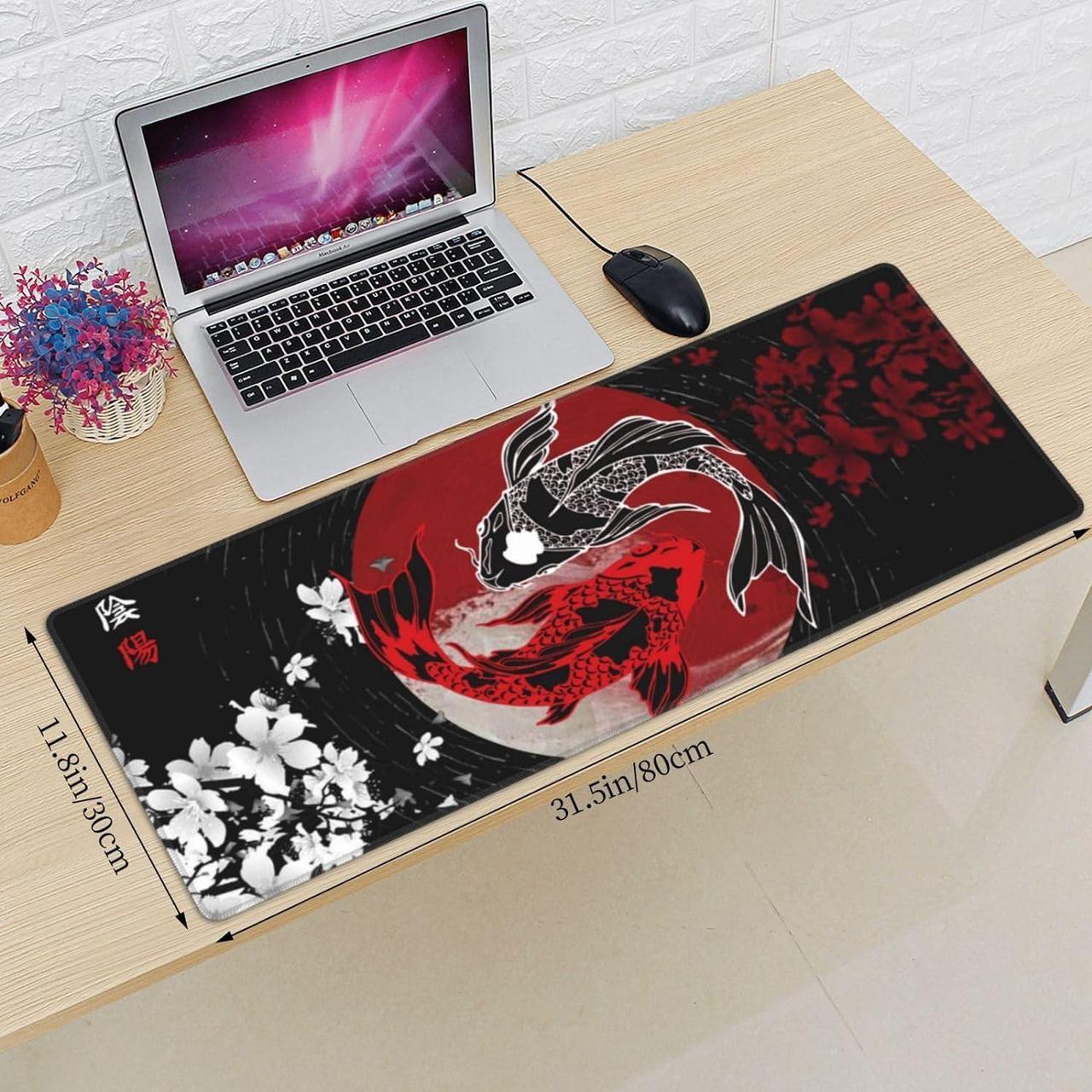 Alt view image 3 of 7 - Japan Japanese Yin and Yang Koi Fish Black and Red Mouse Pad XL Extended Mouse Mat Non Slip Rubber Base Stitched Edge Gaming Pc Large Mice Pad 31.5 X 11.8 Inch