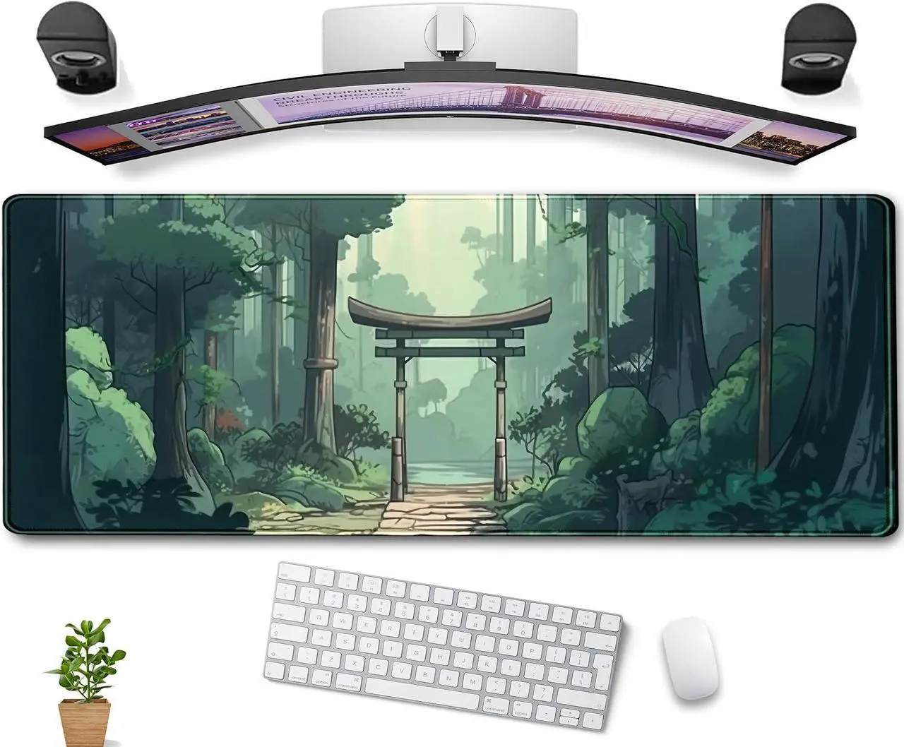 Main image of Japanese Green Forest Gaming Mouse Pad Anime Tree Woodland Desk Mat XL Large Cute Aesthetics Women Office Desk Decor Laptop Computer Keyboard and Mouse Mat with Stitched Edges Matt 31.5x11.8