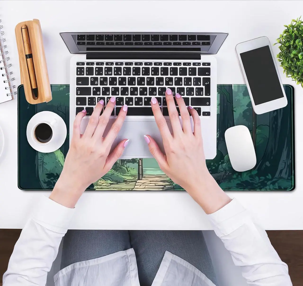 Alt view image 5 of 7 - Japanese Green Forest Gaming Mouse Pad Anime Tree Woodland Desk Mat XL Large Cute Aesthetics Women Office Desk Decor Laptop Computer Keyboard and Mouse Mat with Stitched Edges Matt 31.5x11.8