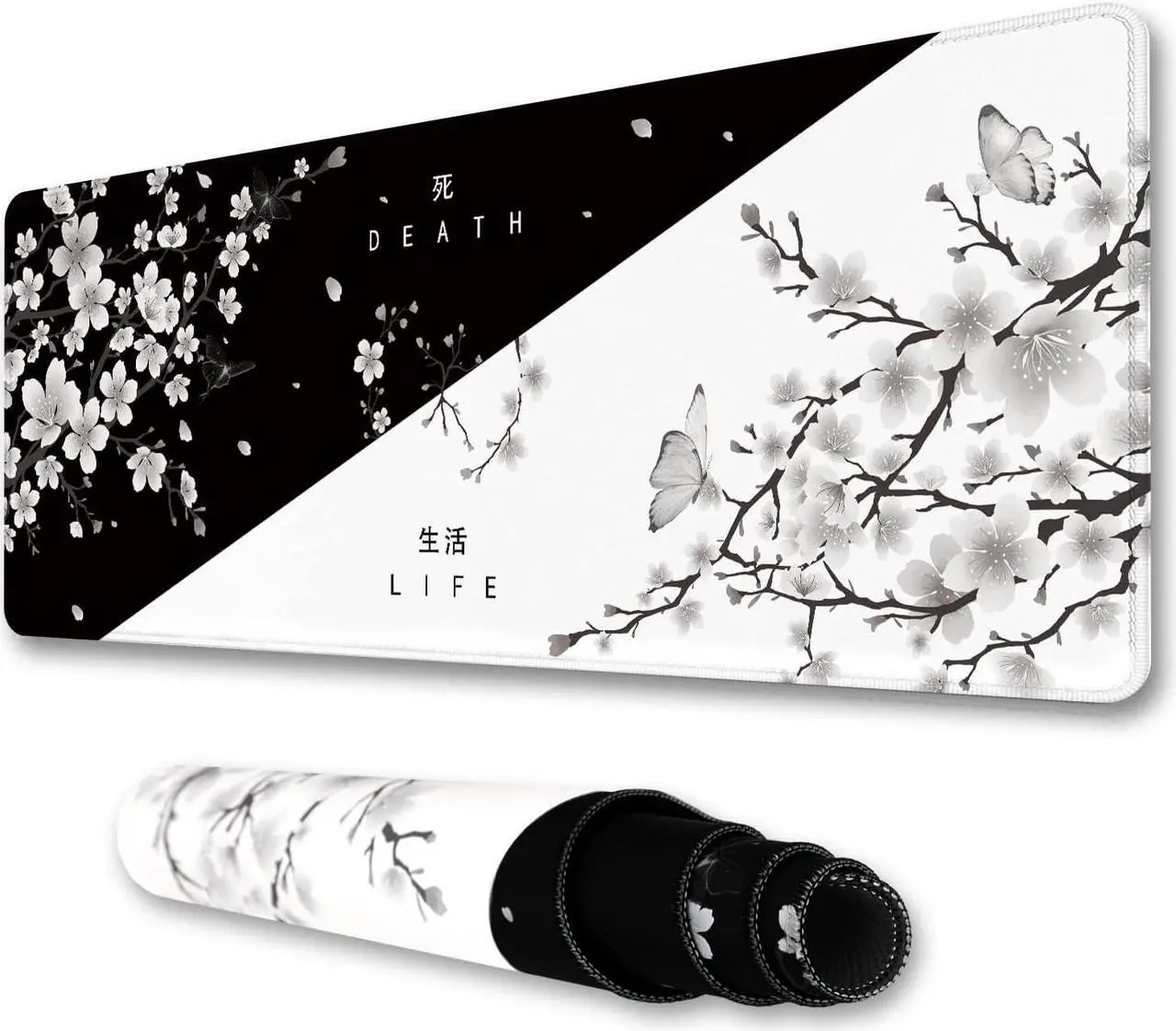 Main image of Black and White Cherry Blossom Mouse Pad Yin and Yang Designed Mouse Mat XL Large Desk Pad Extended Japanese Sakura Mousepad Waterproof Non Slip Rubber Base Keyboard Pads 31.5 X 11.8 Inch