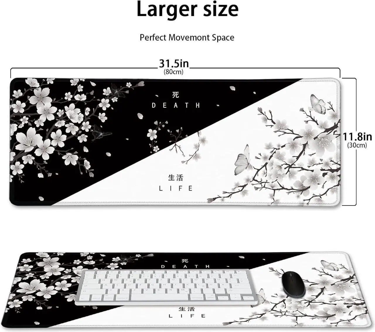 Alt view image 2 of 7 - Black and White Cherry Blossom Mouse Pad Yin and Yang Designed Mouse Mat XL Large Desk Pad Extended Japanese Sakura Mousepad Waterproof Non Slip Rubber Base Keyboard Pads 31.5 X 11.8 Inch