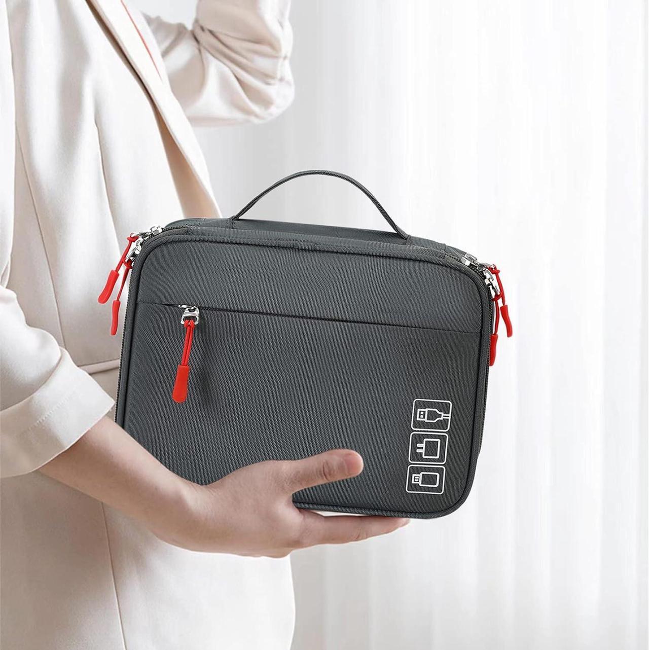 Alt view image 2 of 7 - Waterproof Cable Organizer Travel Portable Electronics Accessories Carrying Bag Storage Case for Hard Drives Cords Charger Phone USB SD Card Gray