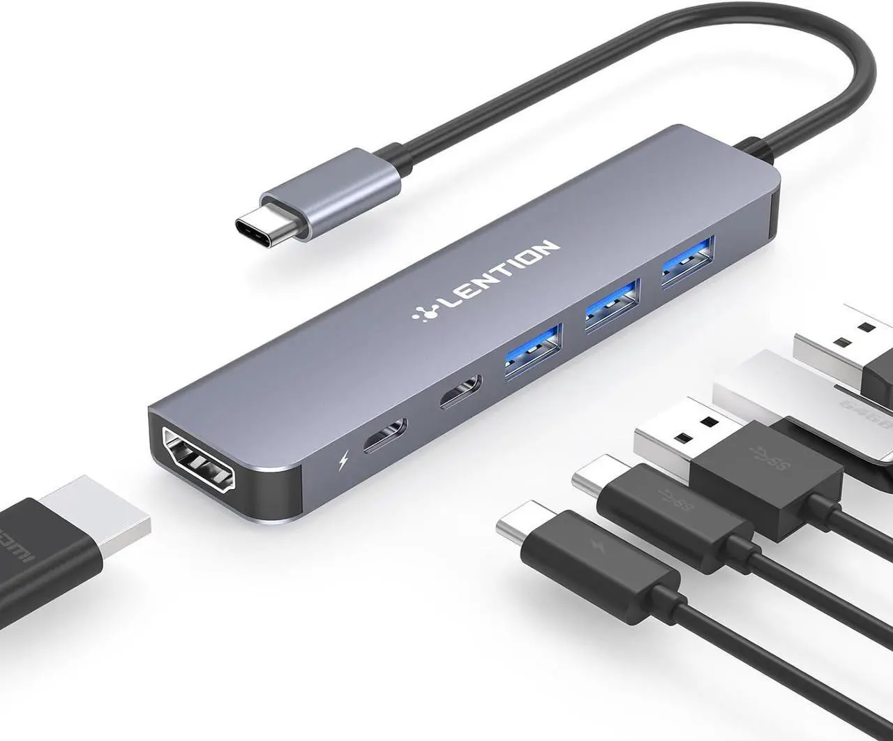 Main image of LENTION USB C Hub, 6 in 1 USB C to USB Adapter, USB C Multiport Hub with 4K HDMI Port, 1 USB-C Data Port, 3 5Gbps USB-A Ports, 100W PD and for New MacBook Pro, Mac Air and More (CE35s, Space Gray)