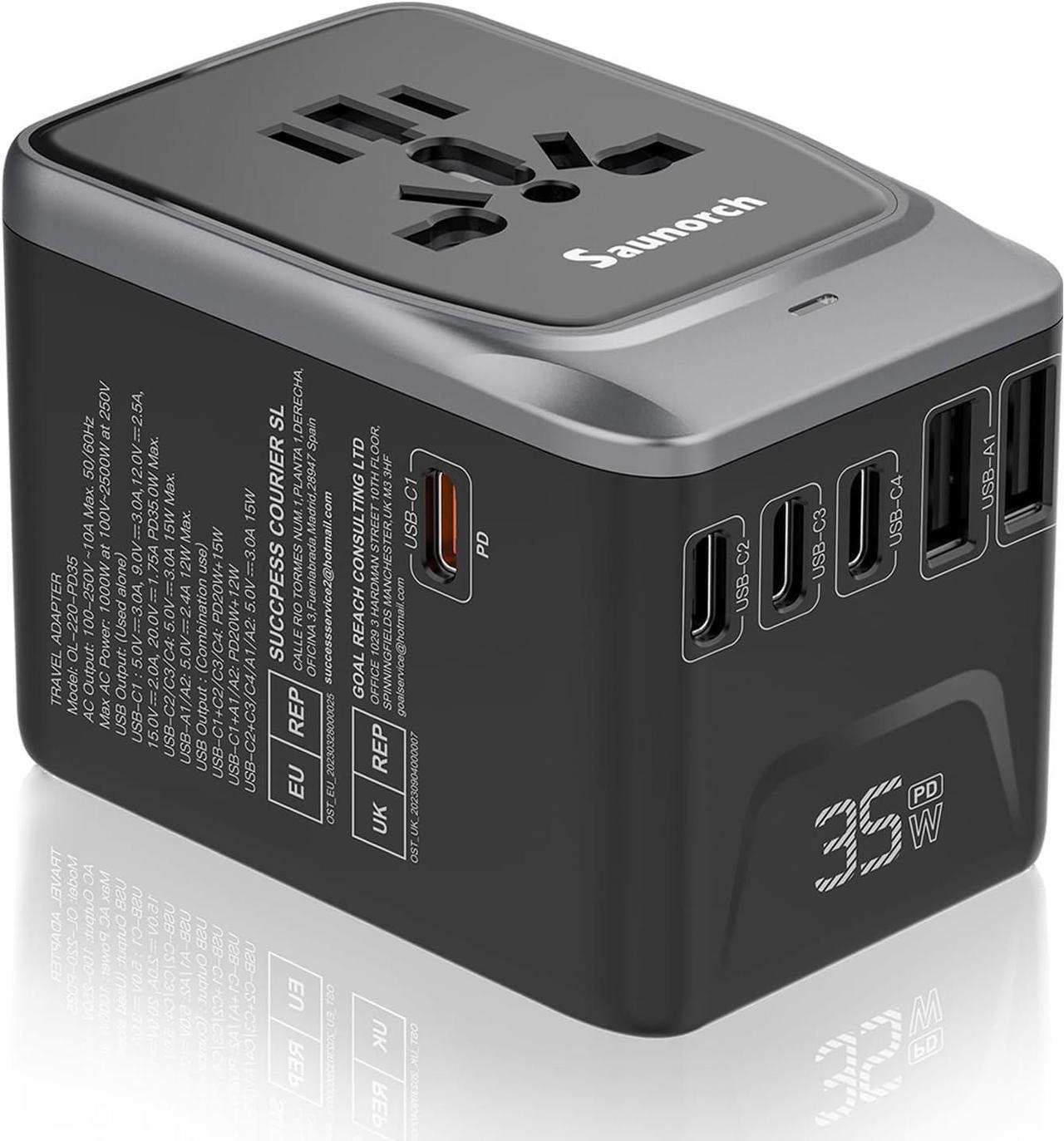 Main image of Universal Travel Adapter PD 35W 7 in 1 International Power Plug Adapter with 7.0A 4 USB-C and 2 USB-A Fast Wall Charger Worldwide AC Outlet for US Europe UK AUS (Black+Silver)