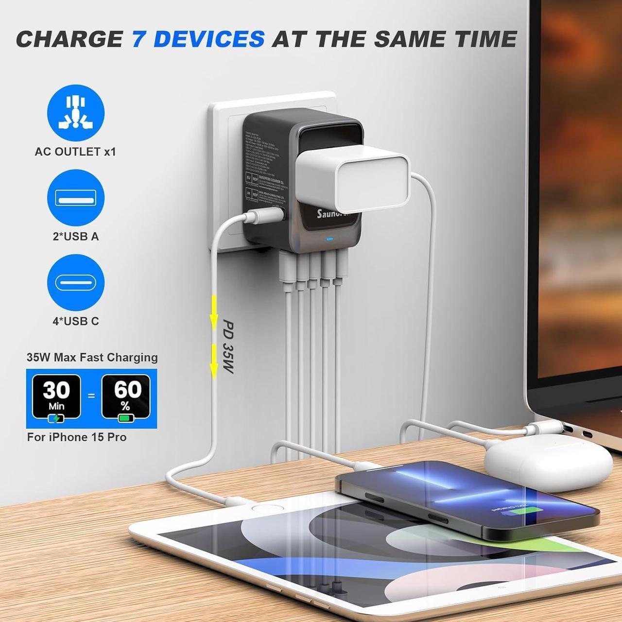 Alt view image 2 of 7 - Universal Travel Adapter PD 35W 7 in 1 International Power Plug Adapter with 7.0A 4 USB-C and 2 USB-A Fast Wall Charger Worldwide AC Outlet for US Europe UK AUS (Black+Silver)