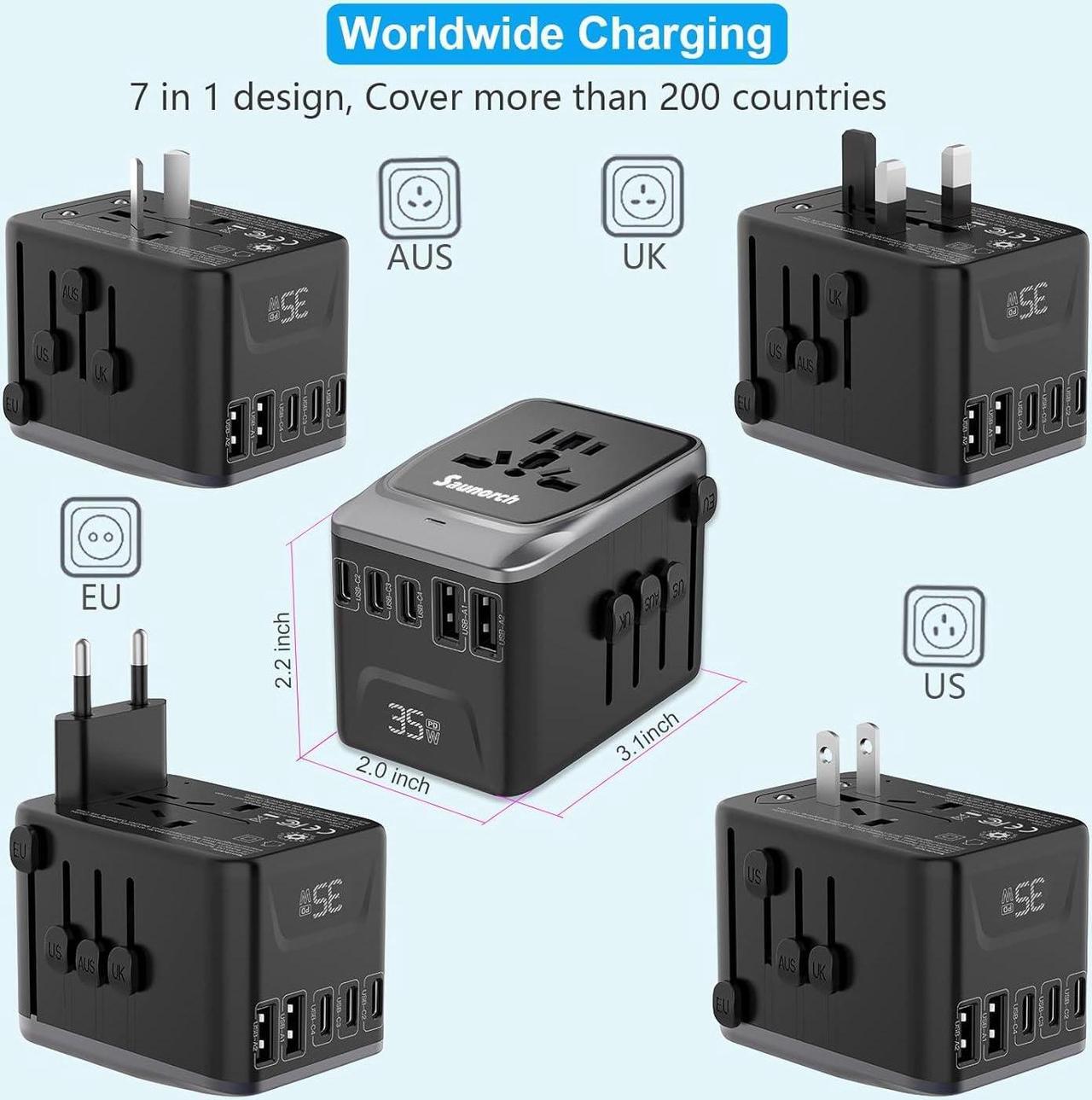 Alt view image 3 of 7 - Universal Travel Adapter PD 35W 7 in 1 International Power Plug Adapter with 7.0A 4 USB-C and 2 USB-A Fast Wall Charger Worldwide AC Outlet for US Europe UK AUS (Black+Silver)