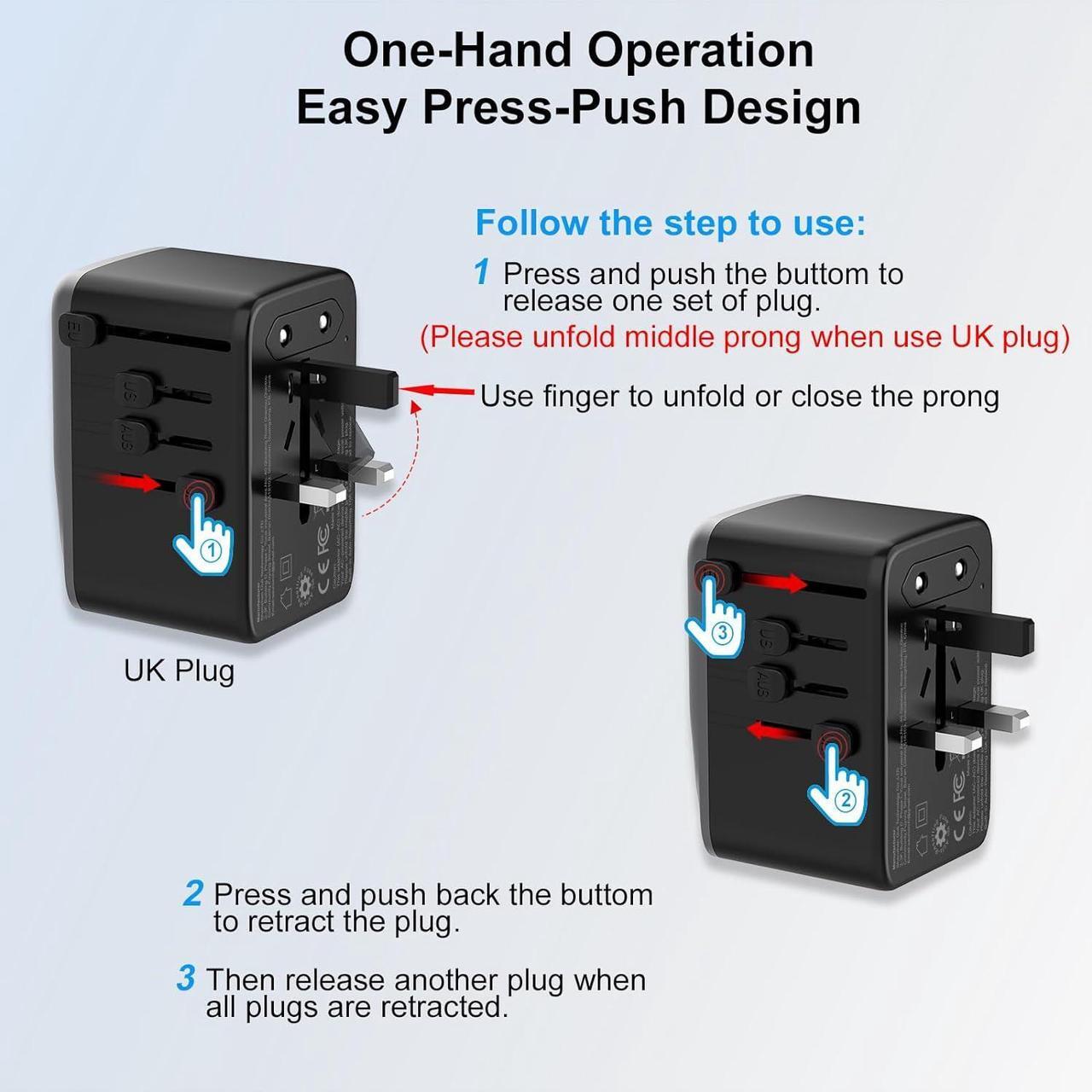 Alt view image 4 of 7 - Universal Travel Adapter PD 35W 7 in 1 International Power Plug Adapter with 7.0A 4 USB-C and 2 USB-A Fast Wall Charger Worldwide AC Outlet for US Europe UK AUS (Black+Silver)